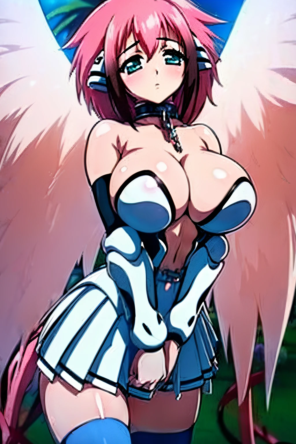 Ikaros, pink hair, esmerald eyes, angel wings,  shoulders, broken chain, chain, cleavage, collar, collarbone, feathered wings, navel, pink wings, pleated skirt, red ribbon, ribbon, robot ears, skirt, thighhighs, white skirt, white thighhighs, wings, zettai ryouiki, ilustration, (1girl:1.4), (masterpiece, best quality, glowing light, glistening, shiny skin, ultra detailed), (perfect face, detailed face, detailed eyes,perfect hands,perfect fingers), (, blushed), (mature female:1.4),cowboy shot,thicc), short hair, (((gradient hair))), paradise background, ((8k wallpaper))