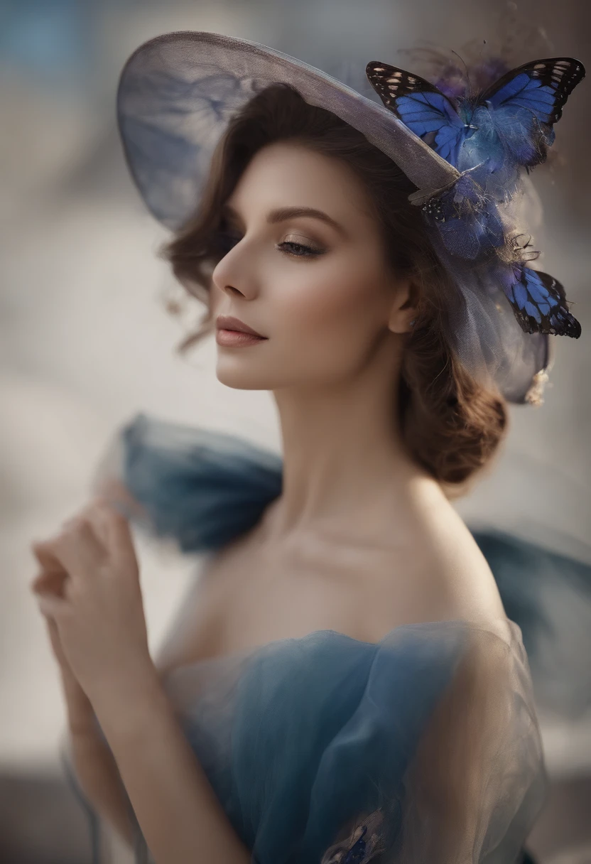 Butterfly motif、Purple and blue tones、Vibrant colors、((masterpiece)))、(((top-quality)))、((ultra-detailliert))、(A hyper-realistic)、(highly detailed CGillustration)、From the right side、Official art、Milan at the beginning of the 20th century、Decadent、Madame Papillon、Masquerade、refinement、Elegance、Gorgeous、Masks that cover most of the face、Colorful and detailed mask design、matchless beauty、Fans、gorgeous dress、jewely、Perfect Angle、perfect-composition。full body Esbian