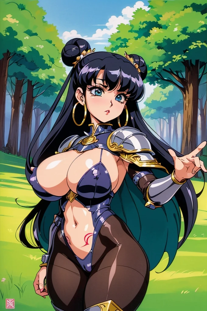 "(masterpiece:1.1), best quality, NSFW,
1girl, (80s anime style:1.3), (eyelashes:1.5), (:1.2),
(intricate high detailed body:1.2),
(black hair:1.1), (forehead:1.1), (long hair, twin bun:1.1), (hair ornament:1.2),
green eyes, (red lip stick:1.3),
(gigantic sagging breasts:1.6),
(expressionless:1.2),
(silver embroidery body suit armor, navel cutout, tattoo:1.2), (pantyhose:1.2),
(spiked knight armor, armored boots, capelet:1.2), (fur:1.1), (hoop earrings:1.1), bracelet,
standing, peace sign,
(upper body, cowboy shot, looking at viewer, from front:1.1),
(daytime, grassland, outdoors:1.2)"