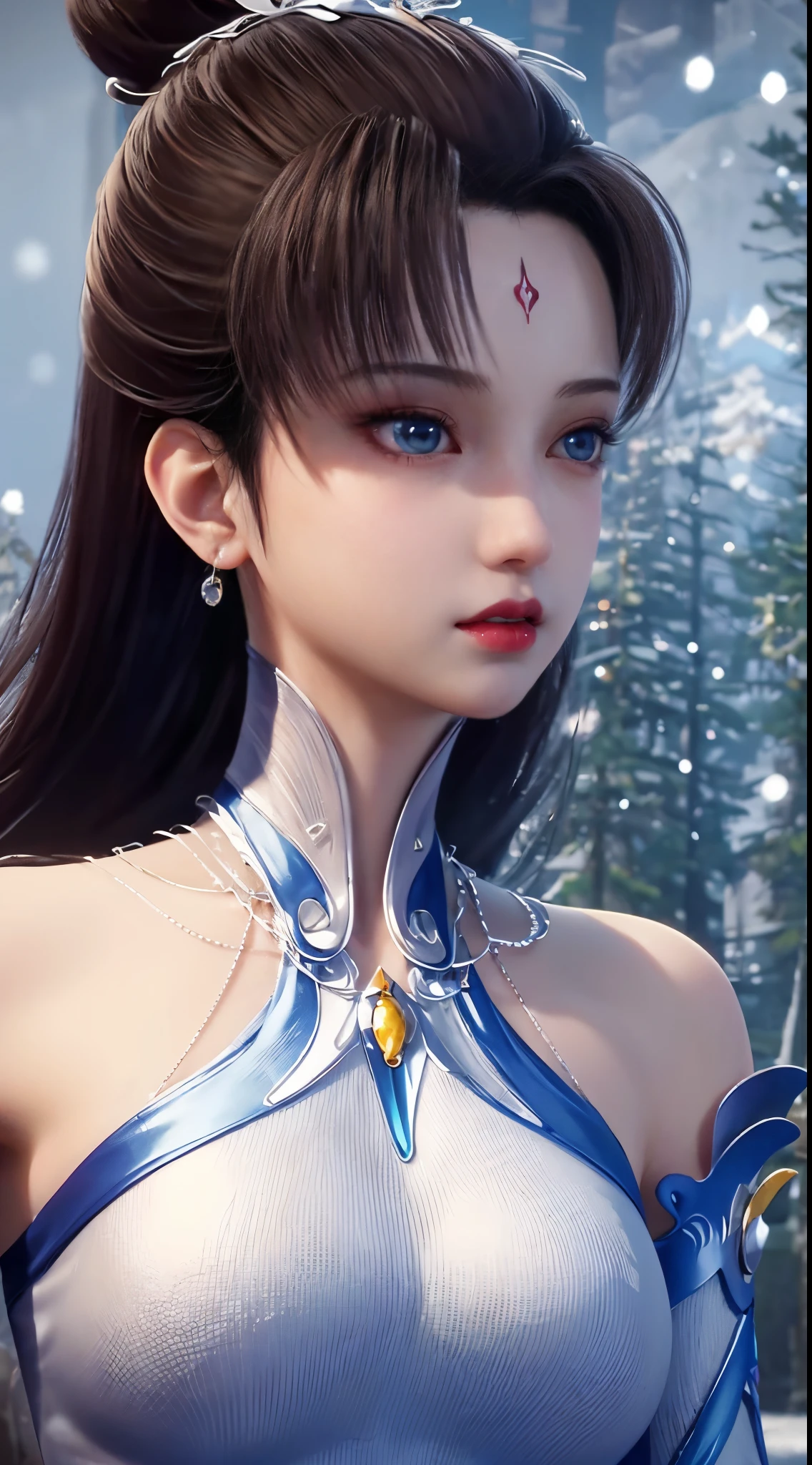 "1 Beautiful girl in traditional clothes, Slim fit light blue dress,Made of fine silk, deep slit shirt, Long hair and silver bangs with a hint of light blue, The most beautiful、The most delicate hair accessories, Pretty little face and thin eyebrows, The most beautiful、Spotless face, ((black iris:0.8)), verybeautifuleyes, big and round eyes, ((blue color eyes:1.1)), Exquisite makeup eyelashes, a tall nose, Wear earrings, small red lips, rosy face, Clean face, Beautiful face without blemishes, smooth fair skin, ((Large breasts: 0.9)), blooming flower, ((The large, Round chest:0.9)), ((super tight breasts:1.2)), ((breast enhancement: 0.8)), beautiful boobs, Slim petite body, ((big chest and thin waist: 0.9)), Upper body of a beautiful girl, Sexy girl, a skirt, Lace mesh stockings,Match the color of the clothes, The color of fishnet stockings should be coordinated according to the clothing, Strike elegant poses, Elegantly, and politely, 8k photograph, Super quality, hyper realisitc, 10x super pixels, Realphotos, dark studio, Bezel light, Dichroic light, (Detail skin high: 1.2), 8k ultra high definition, SLR camera, gentlesoftlighting, high high quality, volumettic light, Frankness, photore, A high resolution, optics, The best photos, 4k画质, 8K, bokeh, Smooth and sharp, 10x pixel increase, safe, Super graphics, The most realistic graphics, (((Snowy background: 1.6))), 1 girl, Alone, Alone, ((front portrait:1.2)), Extremely sharp, surreal image."