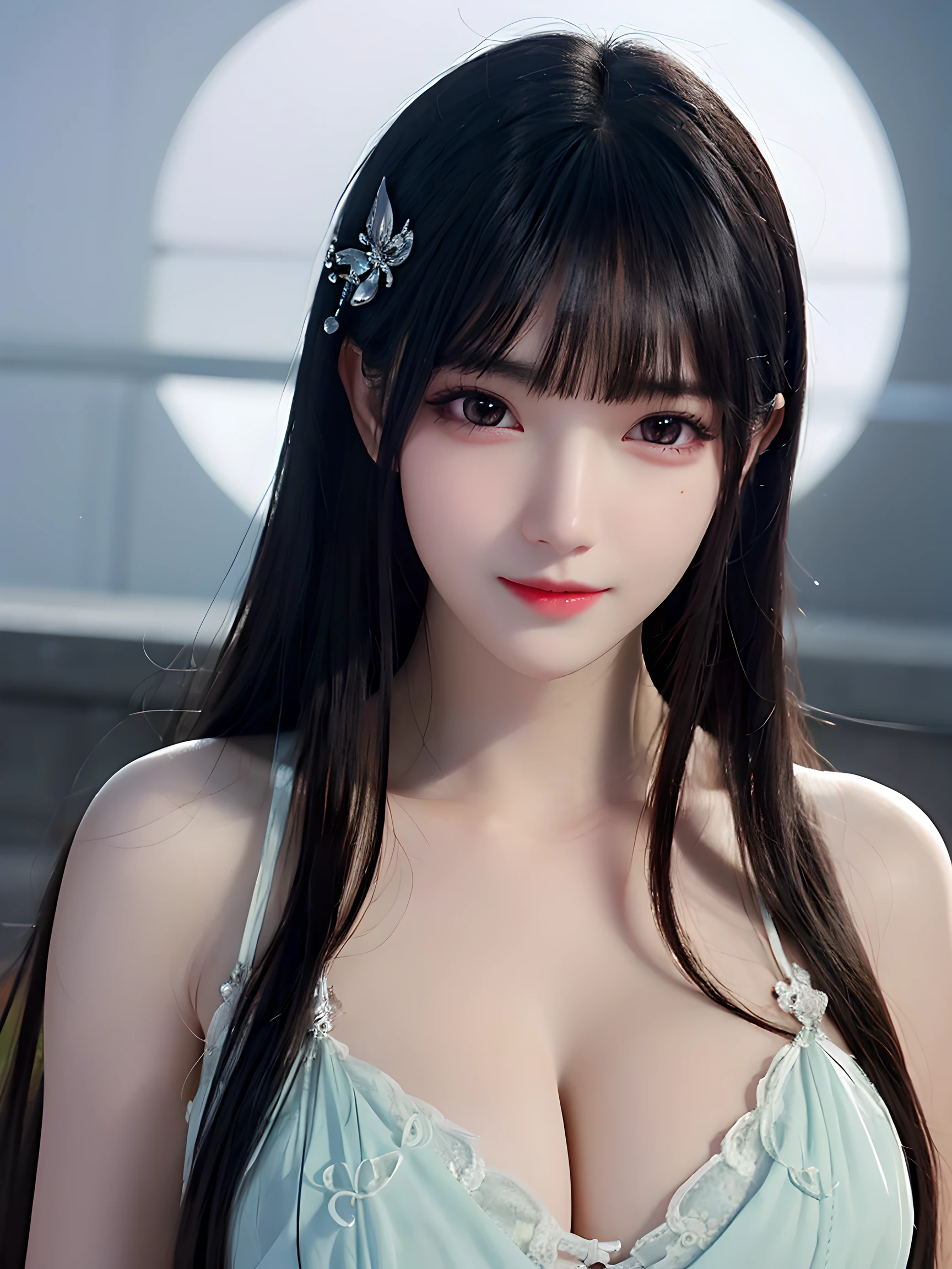 masterpiece, best image quality, high quality, beautiful woman, popular korean makeup, detailed, swollen eyes, detailed eyes, detailed skin, beautiful skin, super high resolution, (reality: 1.4), very beautiful, slightly younger face, beautiful skin, slim, (super realistic), (illustration), (high resolution), (very detailed) (best illustration), (beautiful detailed eyes), (super detailed), (wallpaper), (detailed face), looking at the audience, fine details, Detailed face, pureerosfaceace_v1, smile, look straight ahead, look straight ahead, angle from waist up, realistic photos, bright lights, professional lighting, black hair (some green), long hair, dark ruins, big red moon, gorgeous red and black dress, mature woman, long and stylish bangs,