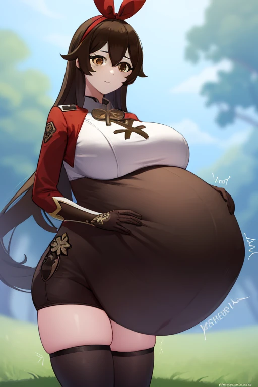 genshinamber, amber, brown hair, long hair, (brown eyes:1.5), hair between eyes, hair ribbon, ribbon, red ribbon, (small breasts:1.2), smile,
BREAK brown shorts, long sleeves, white thighhighs, shorts, thighhighs, jacket, crop jacket, red jacket, corset, gloves, brown gloves,
BREAK outdoors, nature, forest,
BREAK looking at viewer, (cowboy shot:1.5), upper body,
BREAK (masterpiece:1.2), best quality, high resolution, unity 8k wallpaper, (illustration:0.8), (beautiful detailed eyes:1.6), extremely detailed face, perfect lighting, extremely detailed CG, (perfect hands, perfect anatomy),  (Beautiful,large_Breasts:1.8), big breasts, large breasts, (big breasts:1.7), (huge big breasts:1.6), masterpiece),best quality, expressive eyes, perfect face, 1girl, big breast, H-cup, good breast, beautiful, gorgeous,anime,girl,lora, nipple visible though clothes,ph, big belly, huge belly, vore, big belly, (big belly:1.5), hermoso, obra maestra, mejor calidad, cara extremadamente detallada, perfect ilumination, 1girl, solamente, (manos perfectas, Perfect anatomy), Masterpiece 8k