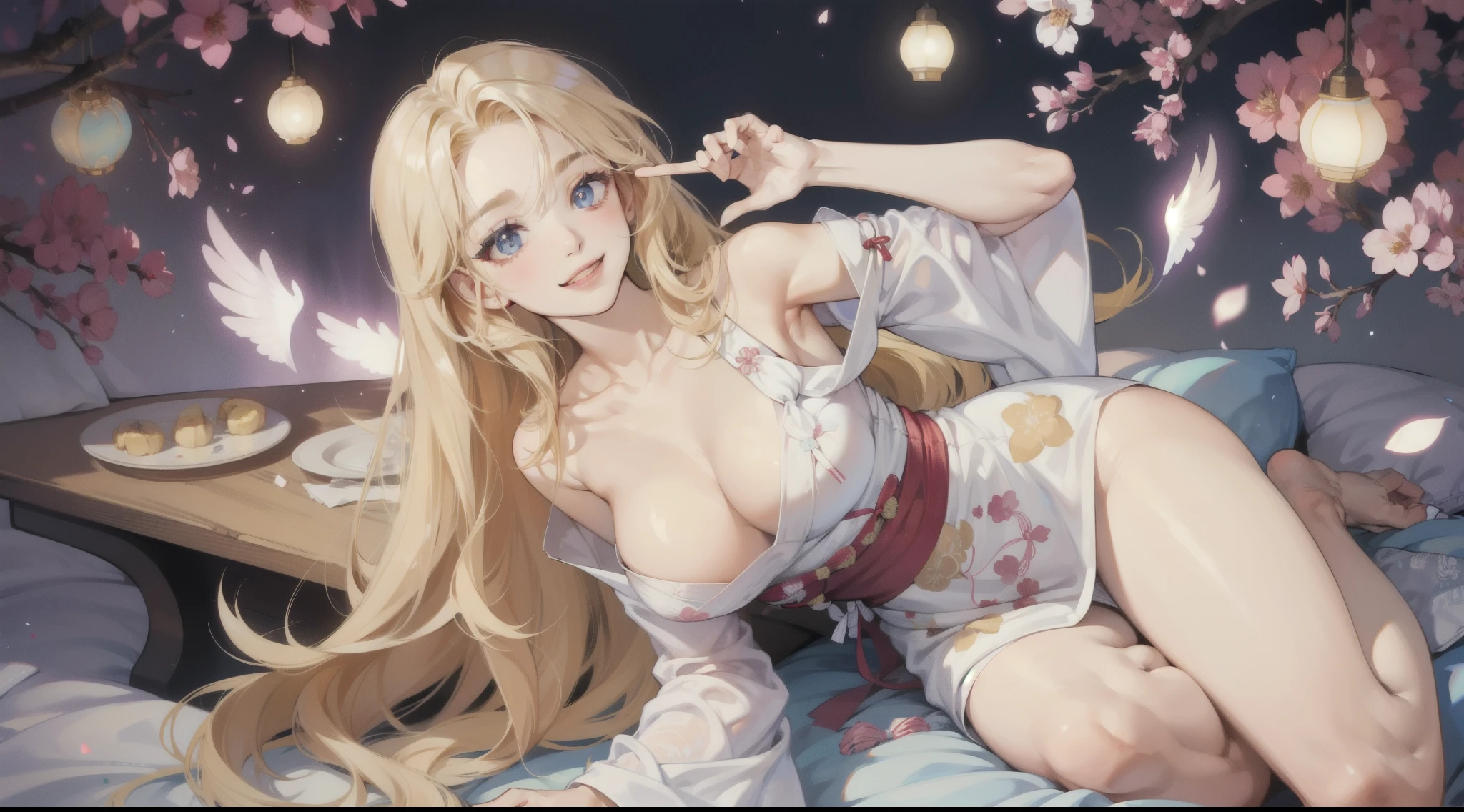 Charming long blonde hair、34-year-old American beauty、二重まぶた、tthin eyebrows、Joyful face、A white transparent unpatterned yukata，Clings to bare skin、no underwares、very Bigger breasts、legs are open，The inner thighs can be seen、The color and shape of the breast tips are clearly visible 、You can see the color and shape of the areola、Looks like there&#39;s a lot of pubic hair、The entire chest is visible、Extend your hands above your head、Lie down in bed、