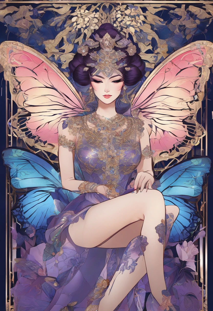 Butterfly motif、Purple and blue tones、Vibrant colors、((​masterpiece)))、(((top-quality)))、((ultra-detailliert))、(A hyper-realistic)、(highly detailed CGillustration）、From the right side、Official art、Milan at the beginning of the 20th century、Decadent、Madame Papillon、Masquerade、refinement、Elegance、Gorgeous、Masks that cover most of the face、Colorful and detailed mask design、matchless beauty、Fans、gorgeous dress、jewely、Perfect Angle、perfect-composition。full body Esbian