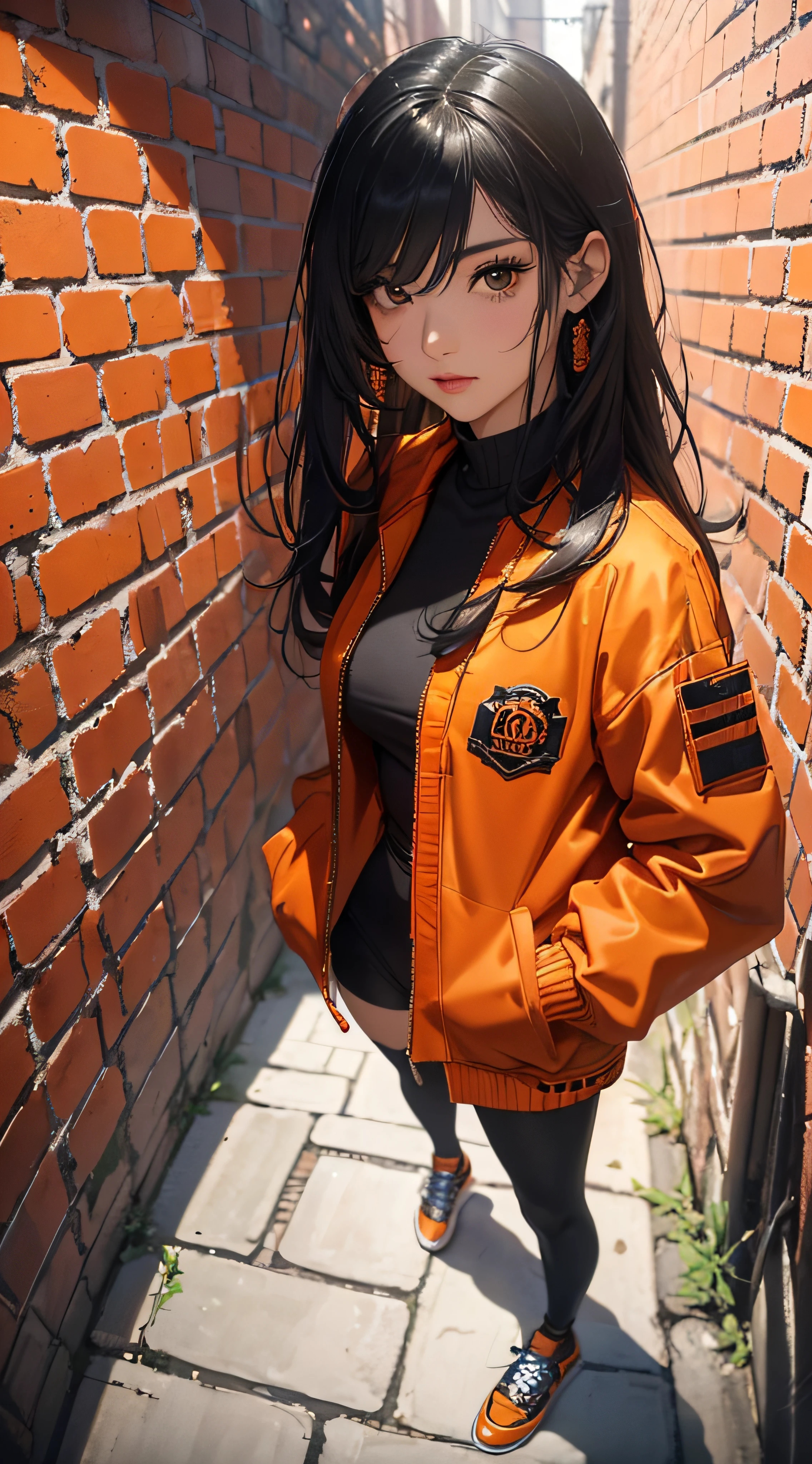 (((8k wallpaper of extremely detailed CG unit:1.2, ​masterpiece, hight resolution:1.2, top-quality:1.2, masutepiece))), ((a very beautiful woman, Street fashion:1.5, Wearing an orange jacket:1.3, Wearing shoes:1.3, Hands in pockets:1.8)), ((extra detailed face, Highly detailed black eyes, extra detailed body, Top quality real texture skins)), (Colorful colored hair:1.2, straight haired:1.2, The long-haired, de pele branca), ((Alley without people, Mileland, surrounded by a brick wall:1.2)), (high-angle:1.2, a closeup, Fisheye:1.4), hyper realisitic, digitial painting,
