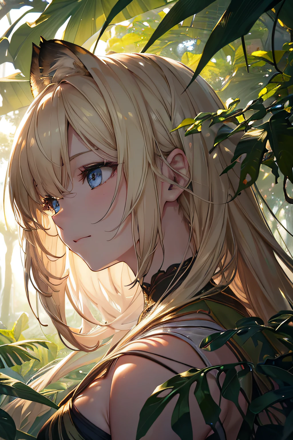Sunlight is strong、From the side、shout、(((masterpiece, Super detailed、Green Bikini、Look Up、Blonde、Straight Hair、Forehead