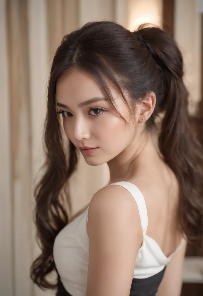 Black double ponytail,huge tit,big assa,ass facing me,There is on the body,Sexy clothes,Beautiful woman,Hyper-realistic