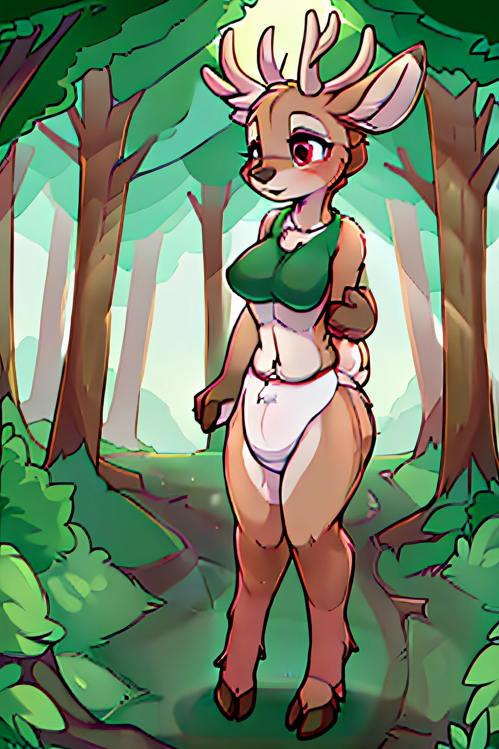 16k, HD, Professional, Highly Detailed, ((Masterpiece: 0.3)), (((High Quality))), ((anatomically correct: 0.6)), 1 deer girl, antlers, full body, perky breasts, brown fur, cloven hooves, standing up, furry hips, small tail, covered in fur completely, two legs, (walking in a forest), diaper, wearing simple shirt
