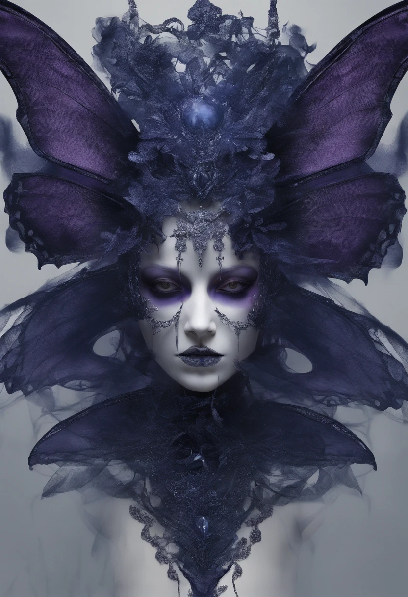 Butterfly motif、Purple and blue tones、Vibrant colors、((masterpiece)))、(((top-quality)))、((ultra-detailliert))、(A hyper-realistic)、(highly detailed CGillustration)、From the right side、Official art、Milan at the beginning of the 20th century、Decadent、Madame Papillon、Masquerade、refinement、Elegance、Gorgeous、Masks that cover most of the face、Colorful and detailed mask design、matchless beauty、Fans、gorgeous dress、jewely、Perfect Angle、perfect-composition。full body Esbian