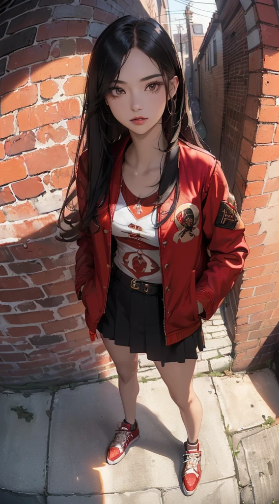(((8k wallpaper of extremely detailed CG unit:1.2, masterpiece, hight resolution:1.2, top-quality:1.2, masutepiece))), ((a very beautiful woman, Street fashion:1.5, wearing a red jacket, Wearing shoes:1.3, Hands in pockets:1.8)), ((extra detailed face, Highly detailed black eyes, extra detailed body, Top quality real texture skins)), (A dark-haired, straight haired, The long-haired, de pele branca), ((Alley without people, Mileland, surrounded by a brick wall:1.2)), (high-angle:1.2, a closeup, Fisheye:1.4), hyper realisitic, digitial painting,