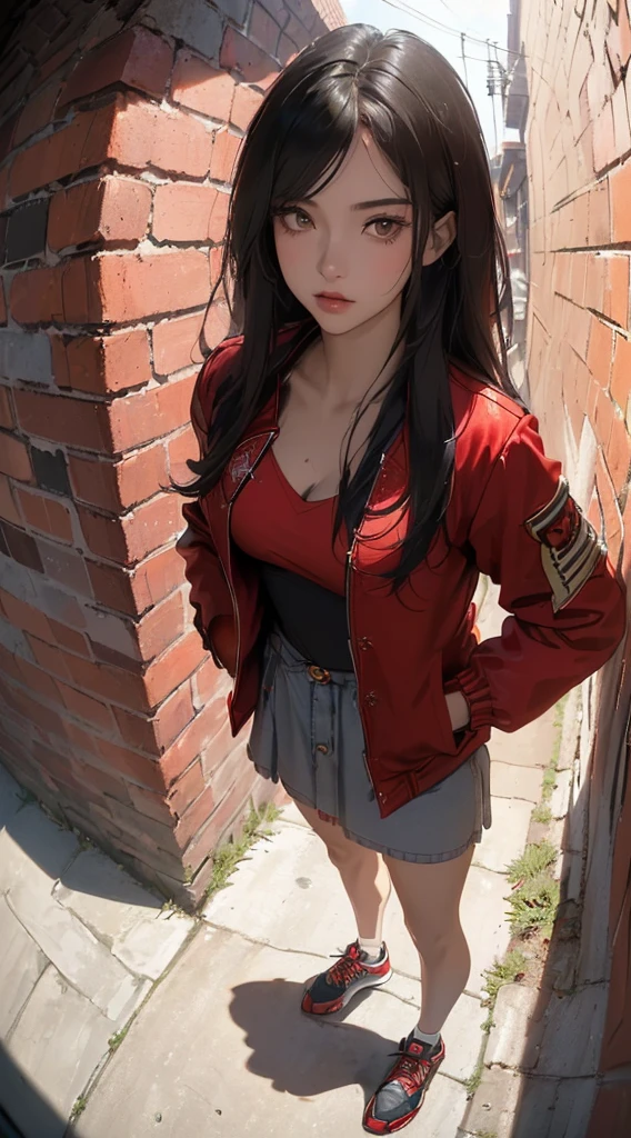 ((8k wallpaper of extremely detailed CG unit, masterpiece, hight resolution, top-quality)), (Beautuful Women, Plump lips, Hands in pockets:1.5, Grunge Fashion, wearing a red blouson:1.2, I'm wearing micro mini shorts:1.2, Wearing sneakers:1.1), ((extra detailed face, Highly detailed black eyes, extra detailed body, Top quality real texture skins)), (A dark-haired, hair messy, de pele branca, Exposed belly), (Inside an abandoned building, Beautiful blue sky, suns), (high-angle:1.1, Fisheye:1.3), hyper realisitic, digitial painting,