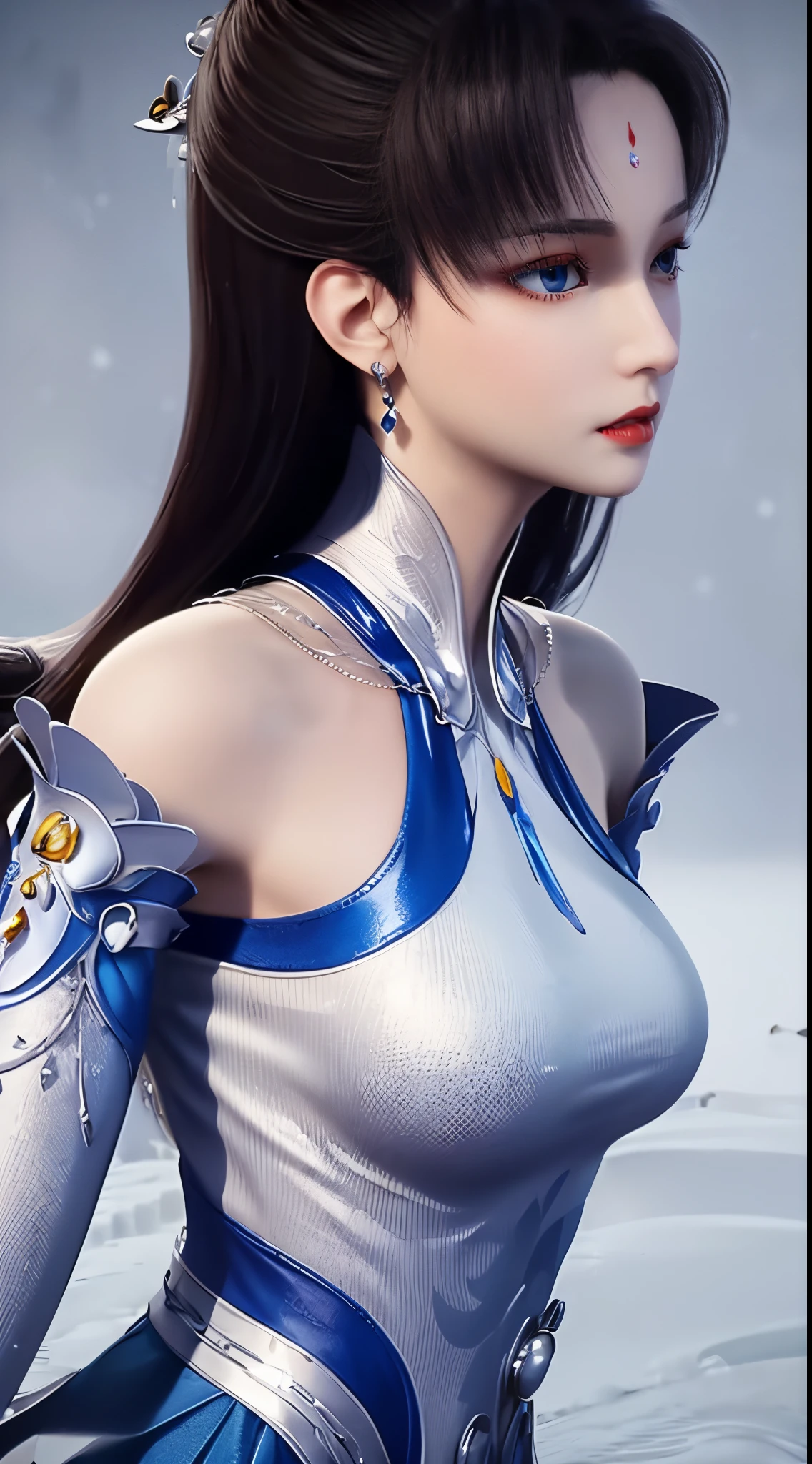 "1 Beautiful girl in traditional clothes, Slim fit light blue dress,Made of high quality silk, deep slit shirt, Long hair and silver bangs with a hint of light blue, The most beautiful、The most delicate hair accessories, Pretty little face and thin eyebrows, The most beautiful、Spotless face, ((black iris:0.8)), verybeautifuleyes, big and round eyes, ((blue color eyes:1.1)), Exquisite makeup eyelashes, a tall nose, Wear earrings, small red lips, rosy face, Clean face, Beautiful face without blemishes, smooth fair skin, ((Large breasts: 0.9)), Blooming flowers, ((bigger, Round chest:0.9)), ((super tight breasts:1.2)), ((breast enhancement: 0.8)), beautiful boobs, Slim petite body, ((big chest and thin waist: 0.9)), Upper body of a beautiful girl, Sexy girl, a skirt, Lace mesh stockings,Match the color of the clothes, The color of fishnet stockings should be coordinated according to the clothing, Strike elegant poses, Elegantly, and politely, 8k photograph, Super quality, hyper realisitc, 10x super pixels, Live photos, dark studio, Bezel light, Dichroic light, (Detail skin high: 1.2), 8k ultra high definition, SLR camera, gentlesoftlighting, high high quality, volumettic light, Frankness, photore, A high resolution, optics, The best photos, 4k画质, 8K, bokeh, Smooth and sharp, 10x pixel increase, safe, Super graphics, The most realistic graphics, (((Snowy background: 1.6))), 1 girl, Alone, Alone, ((front portrait:1.2)), Extremely sharp, surreal image."