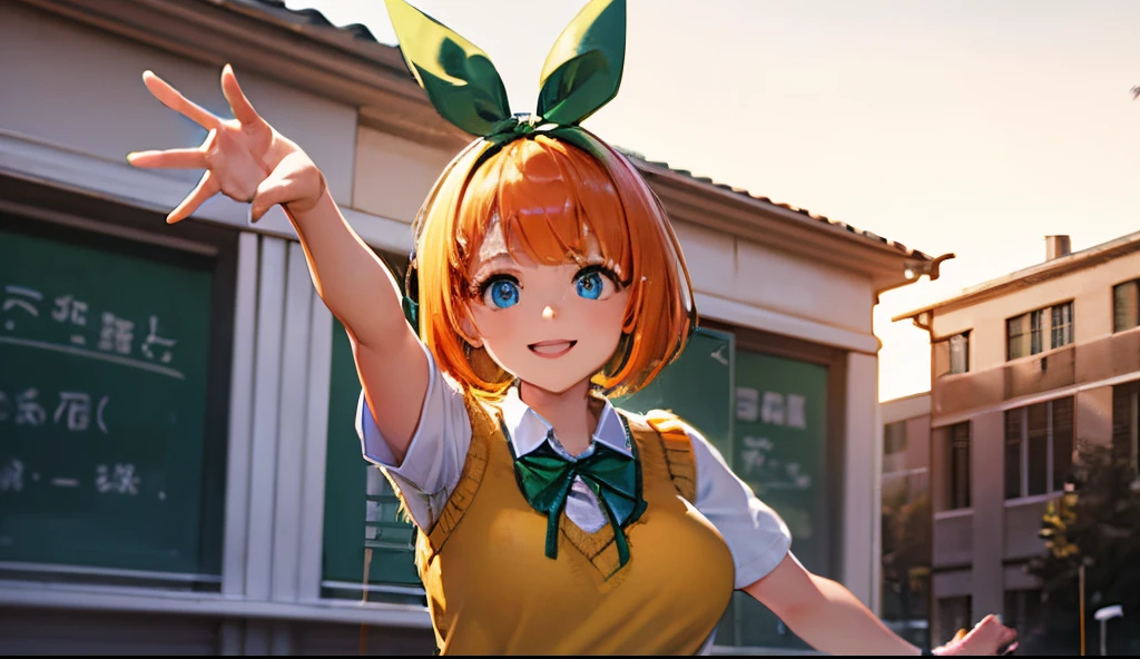 Best Quality、profetional lighting、Top image quality、​masterpiece、Live-action depiction、The background is of the best quality、Schoolyard background、High school students、yellow vest sweater、Green Ribbon、Orange hair、a short bob、blue eyess、A smile、The ribbon on the head is also green..、large full breasts、