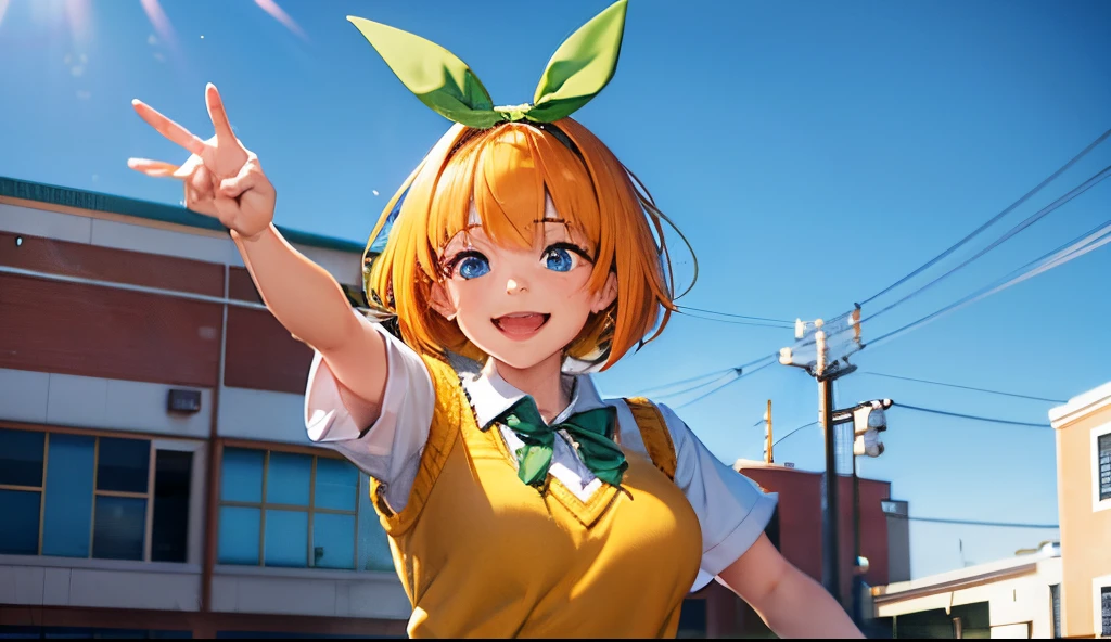 Best Quality、profetional lighting、Top image quality、masterpiece、Live-action depiction、The background is of the best quality、Schoolyard background、High school students、yellow vest sweater、Green Ribbon、Orange hair、a short bob、blue eyess、A smile、The ribbon on the head is also green....、large full breasts、Right hand is open、