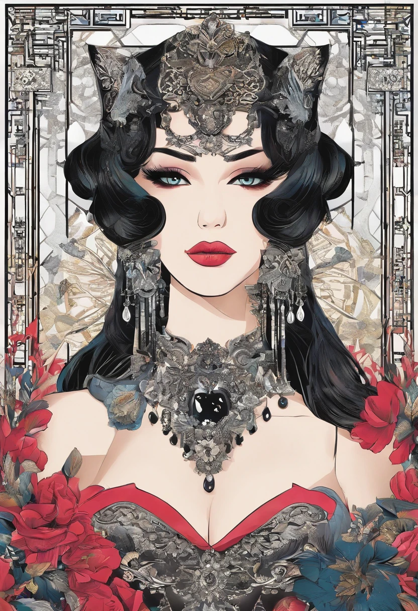 a beautiful attractive woman in body stocking suit, micro T-string , intricate chain jewelry suspenders, beautiful round breast, cleavage, chest press together ,medium long shot ,elegance pose, Intricate designs and patterns in the style of Alphonse Mucha ,Art Nouveau flowery background, black wavy hair,long earrings,red lipstick