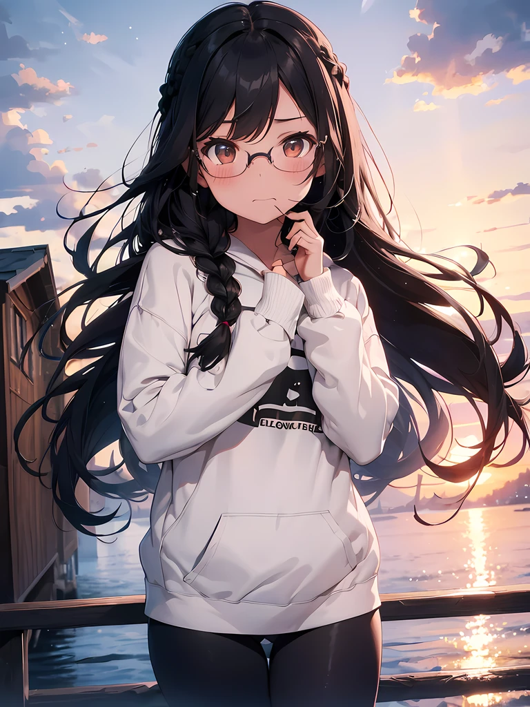 1girl, long black hair, braided hair, brown eyes, wearing black hoodie, leggings, glasses, biting lips, blushing, absurdres, high res, ultrasharp, 8K, masterpiece, looking at viewer, snow, comfy, scenery, sunset, clouds, wind