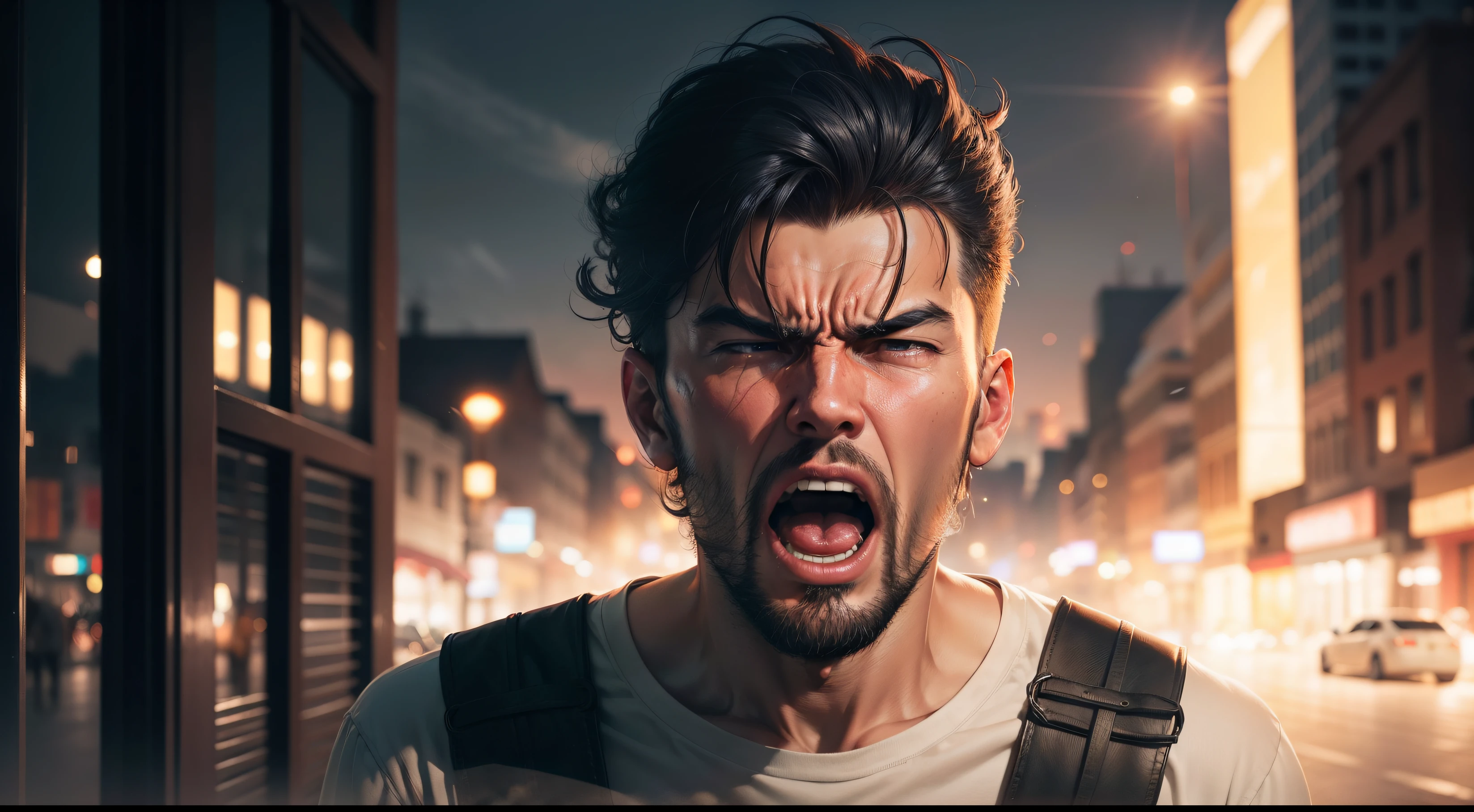 A close up of a man with a beard and a white shirt - SeaArt AI