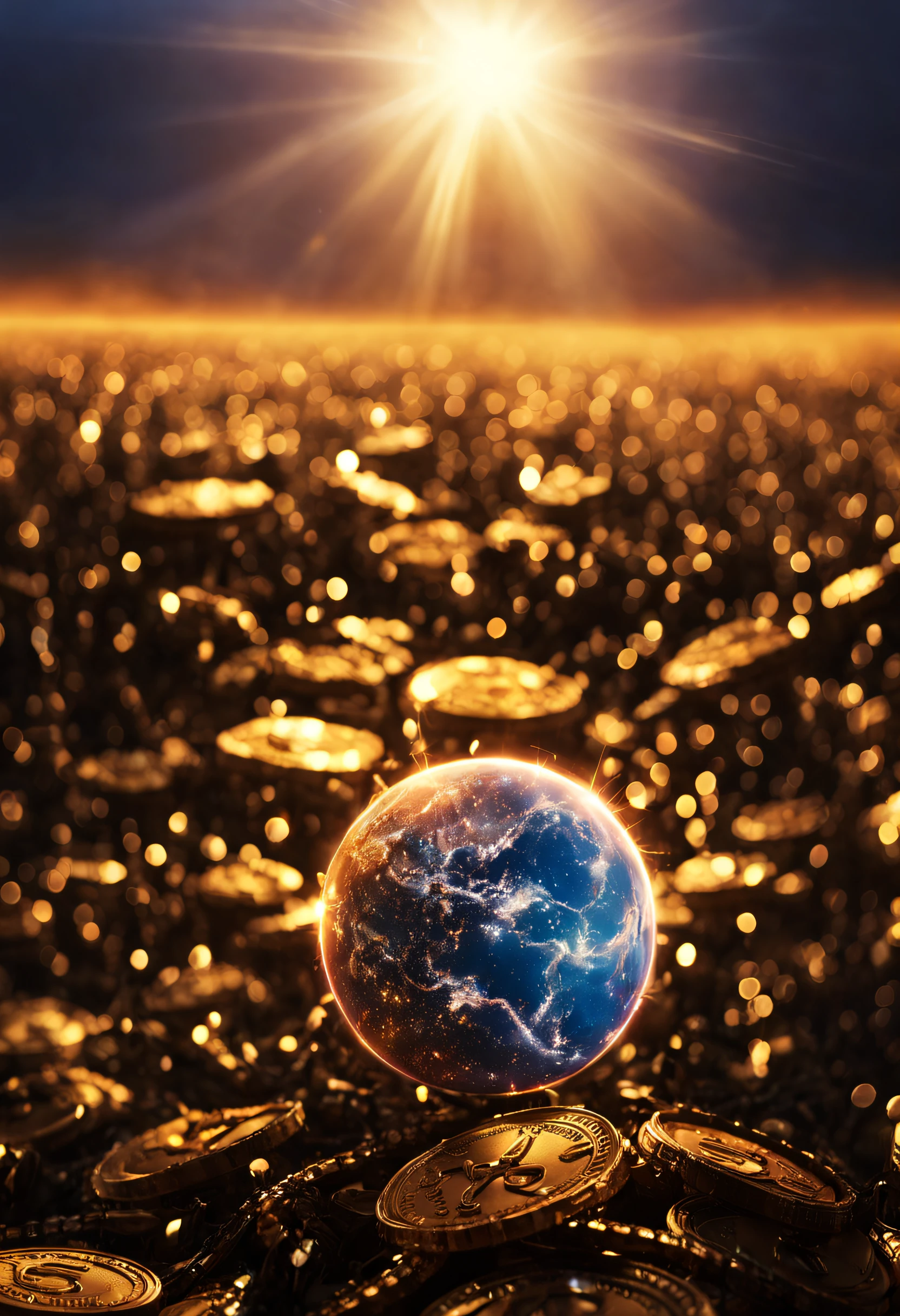 fantasy, planet made of golden coins and jewelry, dreamy, evening, sunset, galaxy, volumetric lighting, sharp focus, ultra detailed, 4k, cinematic, wide-angle, 3 5 mm film photo still, movie still, uhd, sharp lens, depth of field, octane render, vivid colors, light rays, god rays