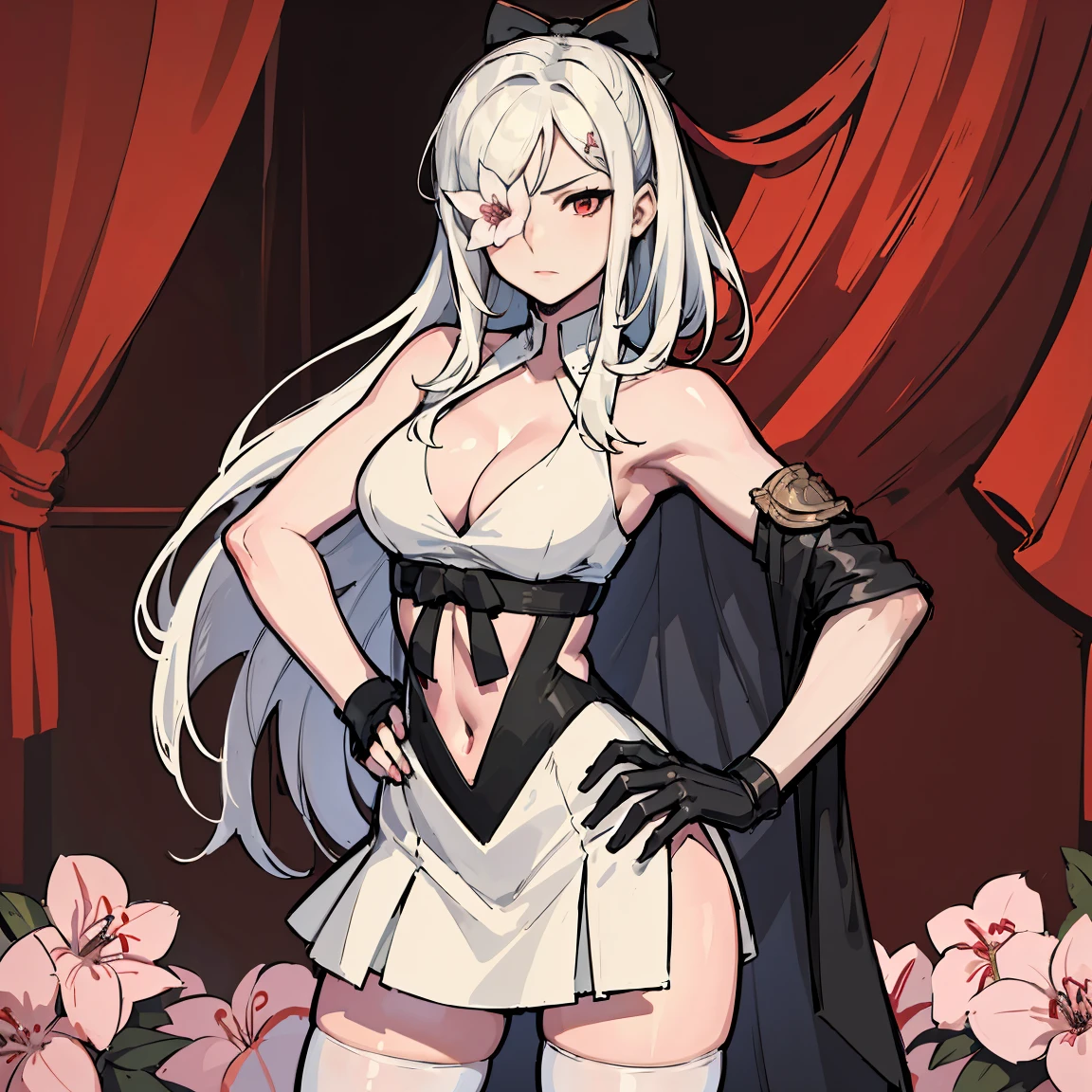 (absurdres, 8k, 4k, masterpiece, hyper extreme detailed:1.2), solo, front view portrait, best quality, portrait, solo, adult, cowboyshot, perfect anatomy, 1girl, perfect face, expressive eyes, perfect eyes, tomboy, white hair, long skirt, swept bangs, full body, WhiteOutfit, flower over eye, long hair, white hair, long hair, prosthetic arm, red eyes, black ribbon, zero, Stomach cutout, white stockings, exposed shoulders, cleavage, exposed arm pit, white dress, side cape, flower in eye, hands on hips, hallway background
