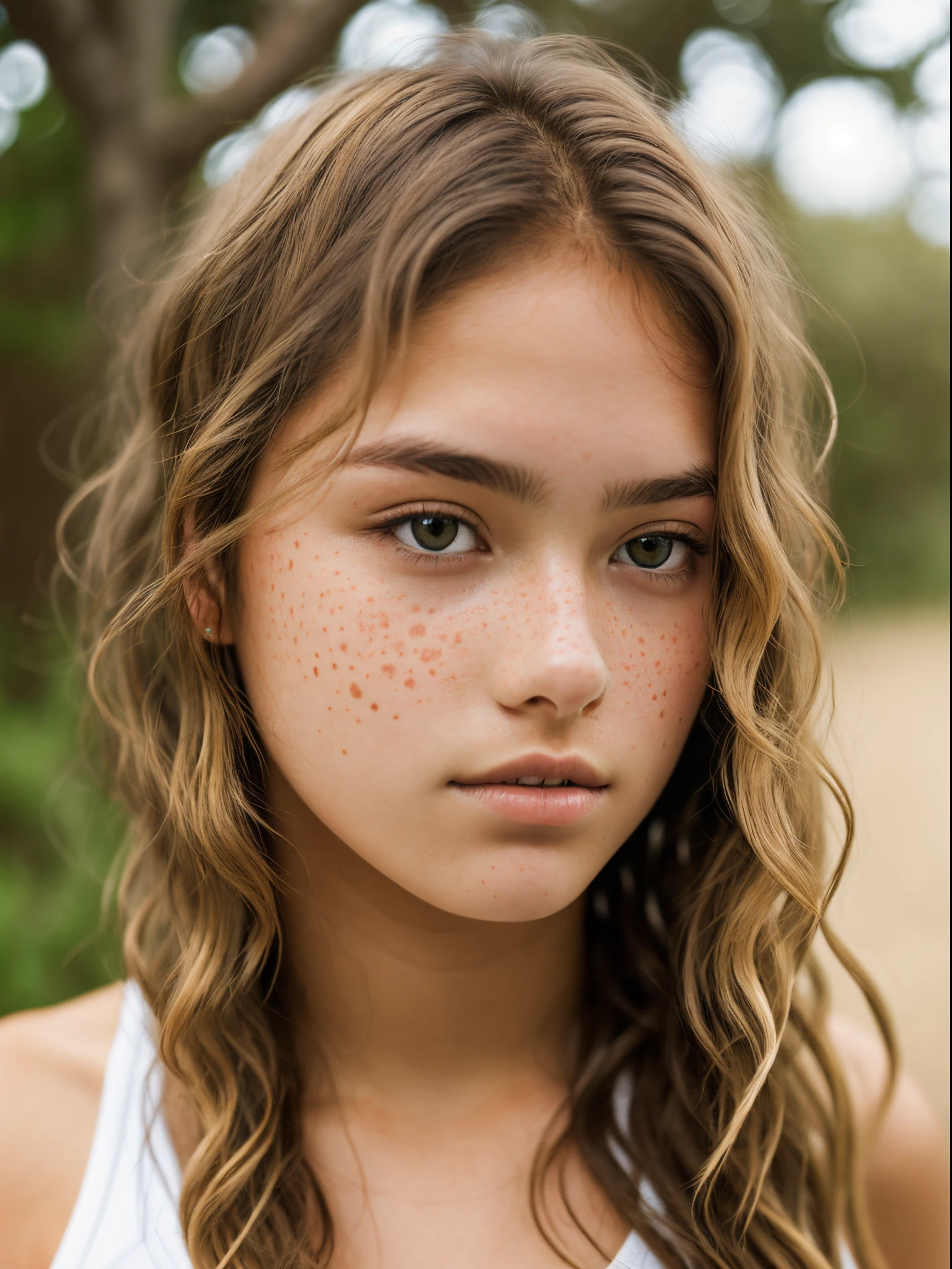 dark tan skin age girl with wavy blonde hair and amber eyes and freckles