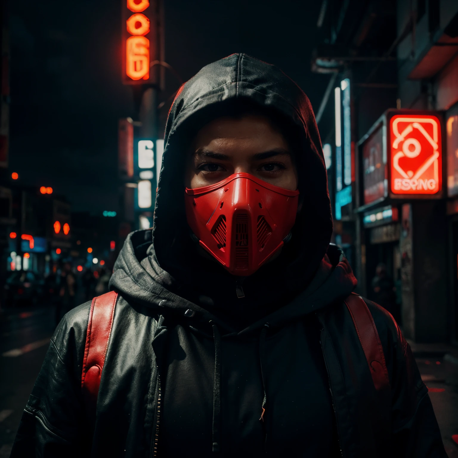 (best quality, highres),(male character in hood),(cyberpunk:1.1),(red neon),(mask)