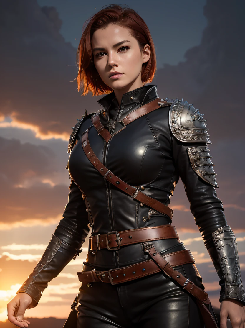 (masterpiece、top-quality、raw、analog style)、foco nítido、Stunning portrait of a beautiful woman、Short red hair、((highlydetailed skin、Skin Details))、Brown Leather Studed Leather Armor、With shoulder armor(Lots of spikes)、Warrior armor、Wearing long black leather pants with belt、Warrior armor、Meadow at dusk、Illumination from upper left、Sharp eyes、ighly detailed、battle posture、Cluttered and detailed background