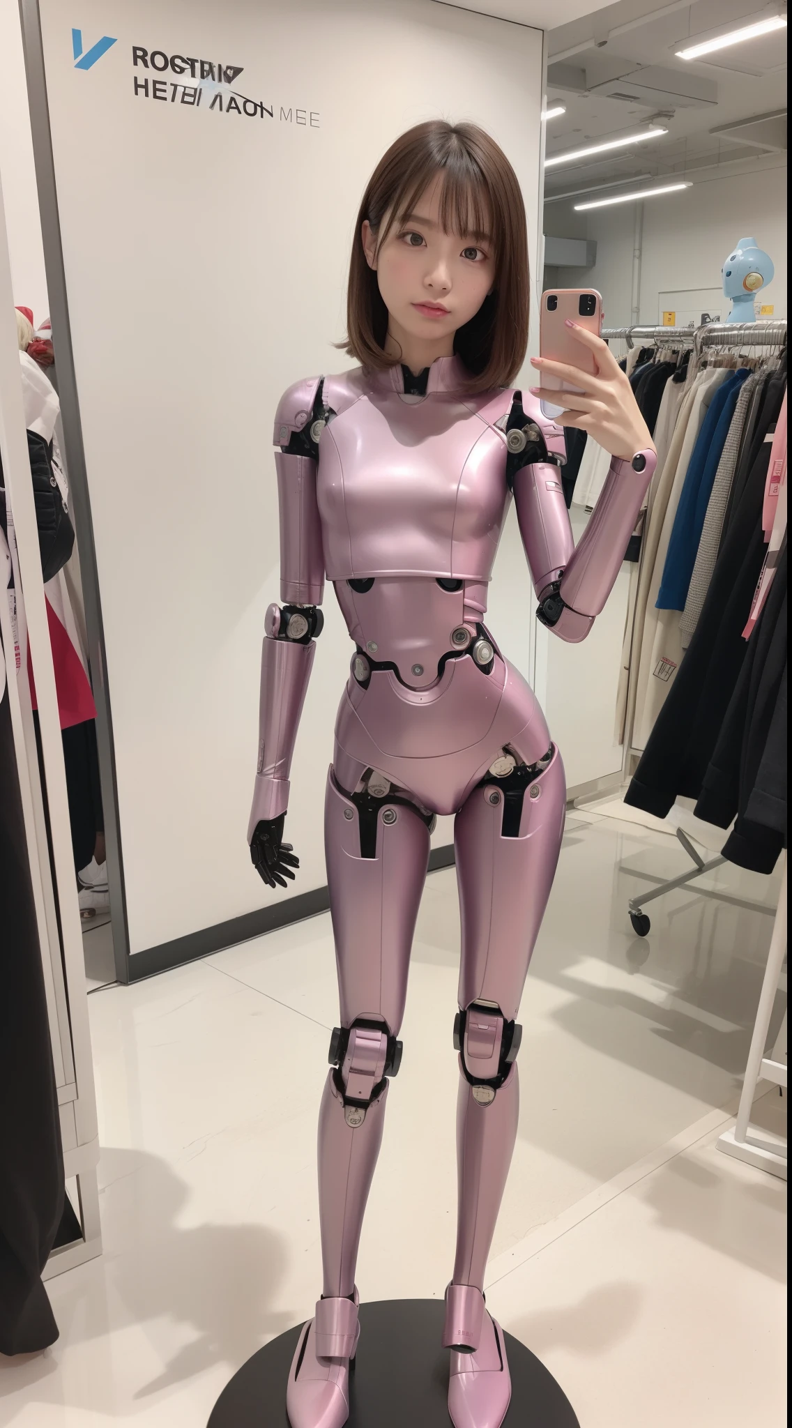 Robot Girl, pink there, Silver, Metallic body, Robot Parts, Metal Parts, Super Detailed Face, Super well-formed face, of the highest quality, a small face, small head, Brown hair, Slender body, Camera gaze, Internal Mechanical Exposure, Idol, front facing, Well-proportioned body, sale, Exhibited, Event Hall, Moe Pose, job interview suit machine armor, Standing with legs open, Model body type, sad, Embarrassing,(Perfect Robot Girl),(Perfect machine body)