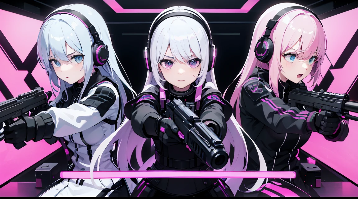 at the battlefield,Carry a firearm,Three white-haired girls perform tactical moves,Put on headphones with pink neon lights,at the battlefield,Carry a firearm