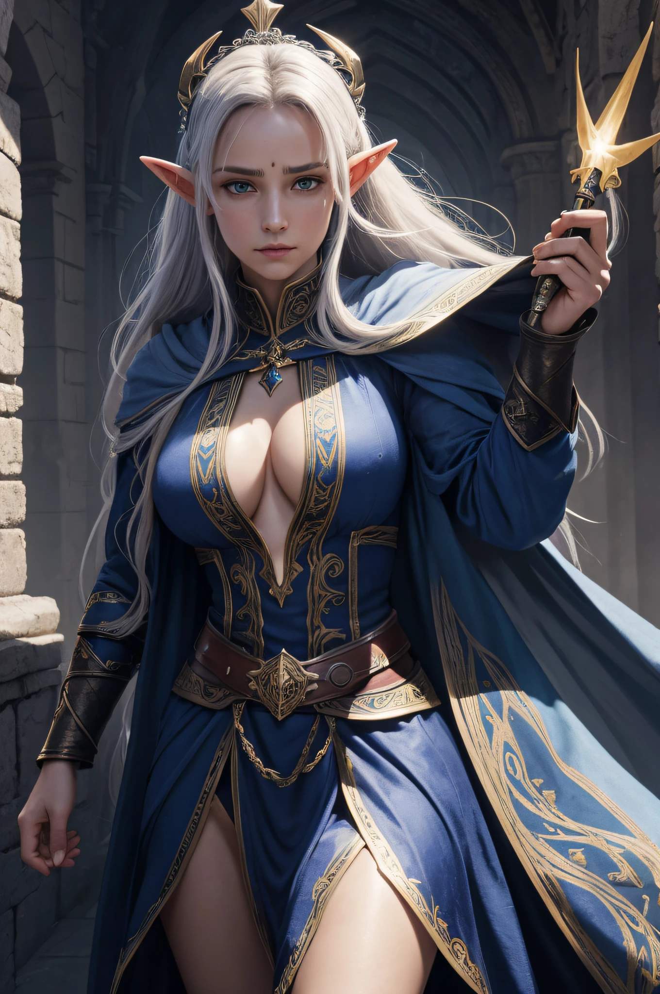 (UHD), (8k), (personagens perfeitos), (perfect lighting), (cores vivas), (obra prima), A high half-elf cleric of the realm of deception and priestess of Shar, a deusa maligna das trevas. She was sent on a suicide mission to steal an object with great power... She questions her own faith and appears to have uncontrolled magic..