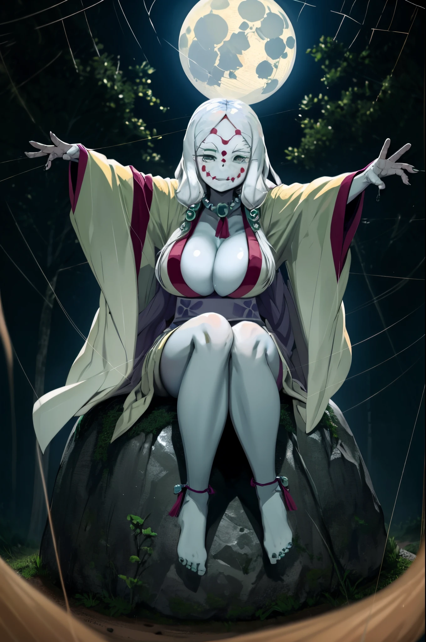 (best quality) mother spider from demonslayer, sitting in forest, posing, at night, natural realistic lighting, big boobs, thick thighs, looking at camera, wet skin, white kimono, good anatomy, two eyes, two arms, two legs, five fingers, five toes, embarrassed facial expression, 1 moon visible, stars visible, slight background blur