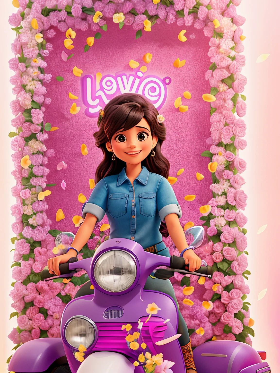 arafed woman sitting on a purple scooter in front of a flower wall, she expressing joy, joyful look, photo booth, instagram picture, snapchat photo, bust shot, full of flowers, in front of white back drop, background is heavenly, with neon lights, full of joy, she is smiling and excited, selfie photo, full body photogenic shot