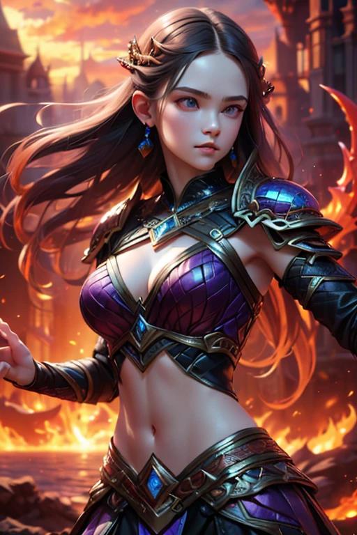 In an ancient chamber filled with arcane symbols and mystical artifacts, Uma poderosa feiticeira adornada em trajes de fogo ergue-se alta, seu cabelo ruivo refletindo as chamas que a cercam. With a wave of the hand, She summons and controls the dancing fire with precision and subtlety, exuding an aura of brute force and magic. A sala pulsa com uma energia sobrenatural enquanto as chamas respondem a todos os seus comandos.