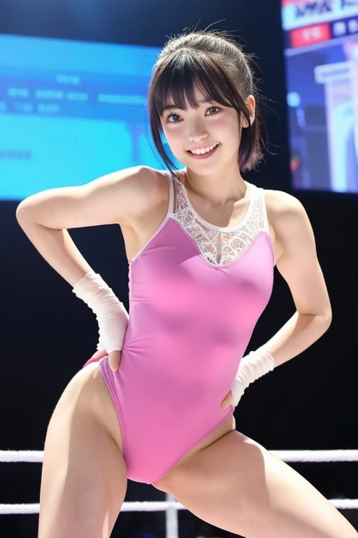 A pretty girl with perfect figure,(Lori,sixteen years old), (white and pink leotard swimsuit), Very small breasts,Straight short black hair,bangss,Stand in the ring of professional wrestling,extremely detailed face and skin, Detailed eyes, Double eyelids, little smiling,put hands on the hip,Wrestling boots,shairband,Lace gloves,Less muscle,skinny thigh,Watching from below,Nogizaka46