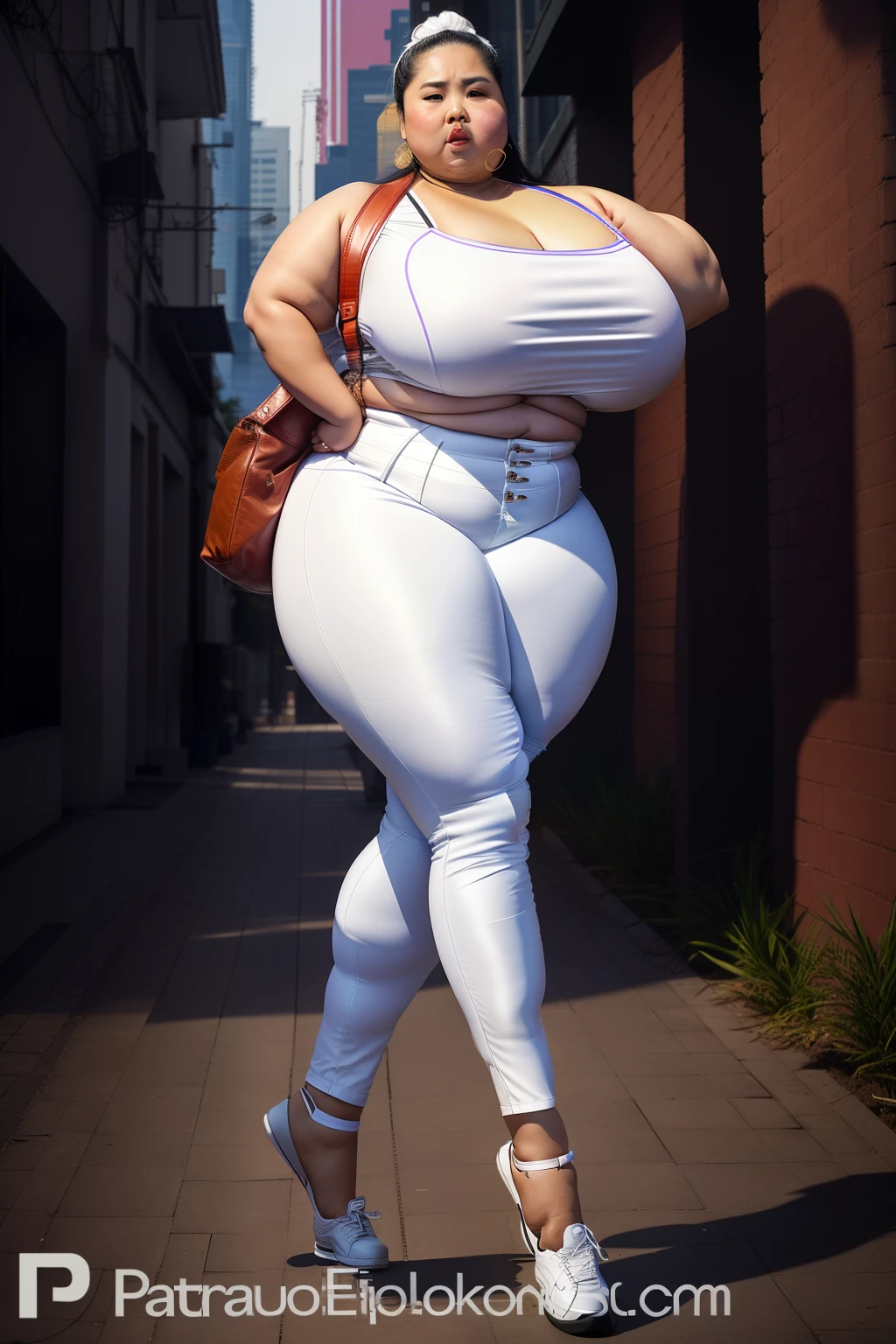 Wear tight leather pants,Asia face,White skin of the,arrogant,disgusted expression,Impatient look,a little bit chubby,musculous,Bigchest,The chest is obvious,Fat on the stomach,with a round face,Fat girl,fatness,potbelly,Thick arms