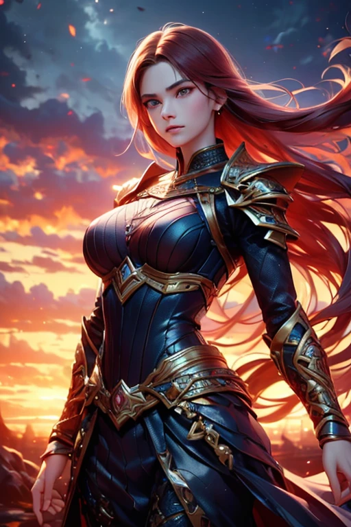 (best quality,4K,8k,mackerel,masterpiece:1.2),very detailed,(realistic,photorealistic,photo-realistic:1.37),red haired warrior woman,Short hair,blue eyes,purple armor,gold plating,skin is tight,exposed navels,Dragon tattoo,tattoo on stomach,comfortable,neutral expression,purple earrings,big bust,cast a spell,Fire magic,holding a knife,wind blowing in hair,resting on the edge of a cliff,Watching the sunset