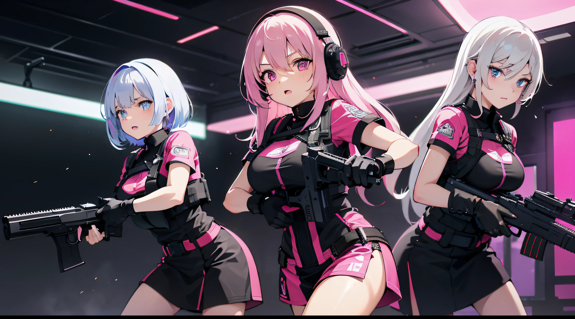 at the battlefield，Carry a firearm，Three white-haired girls performing tactical moves，Put on headphones with pink neon lights，at the battlefield，Carry a firearm