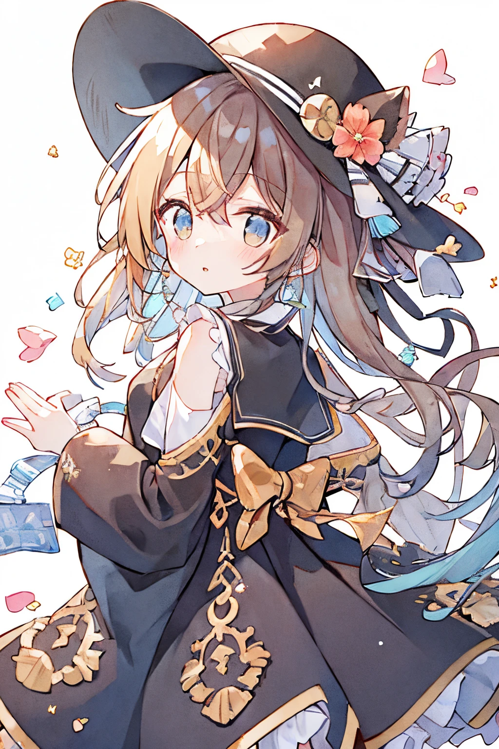 Absurd solution, Ultra-detailed, (The best quality illustrations), 8K, 超A high resolution, Cowgirl Shot, Simple background, cat ear、Shy、Embarrassing、Viewer's Perspective、Kamimei、The upper part of the body、((1girl in、Lori))a straw fedora hat、onepiece、Brown hair、Waving hands、Waving to viewers、((((8K、))))、Looks Back、facing back、Rear view、(Viewer's Perspective)