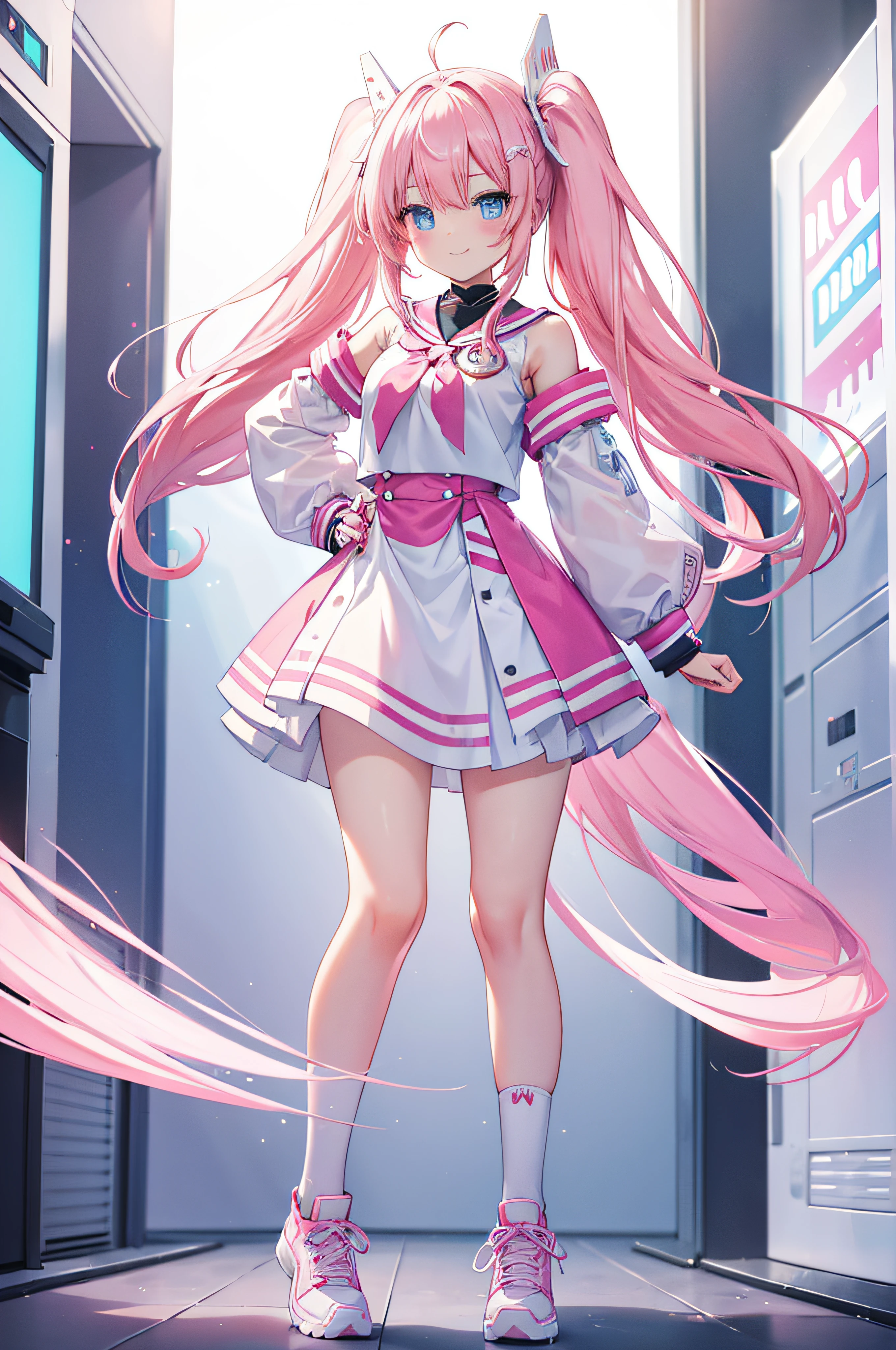 One Cute Teen Girl, Longhair twintail , white-pink hair, blue eyes, cute gotchic pink-white outfit, smile, standing, standing pose, no pose, general pose, white background, high res, ultrasharp, 8K, masterpiece, fullbody