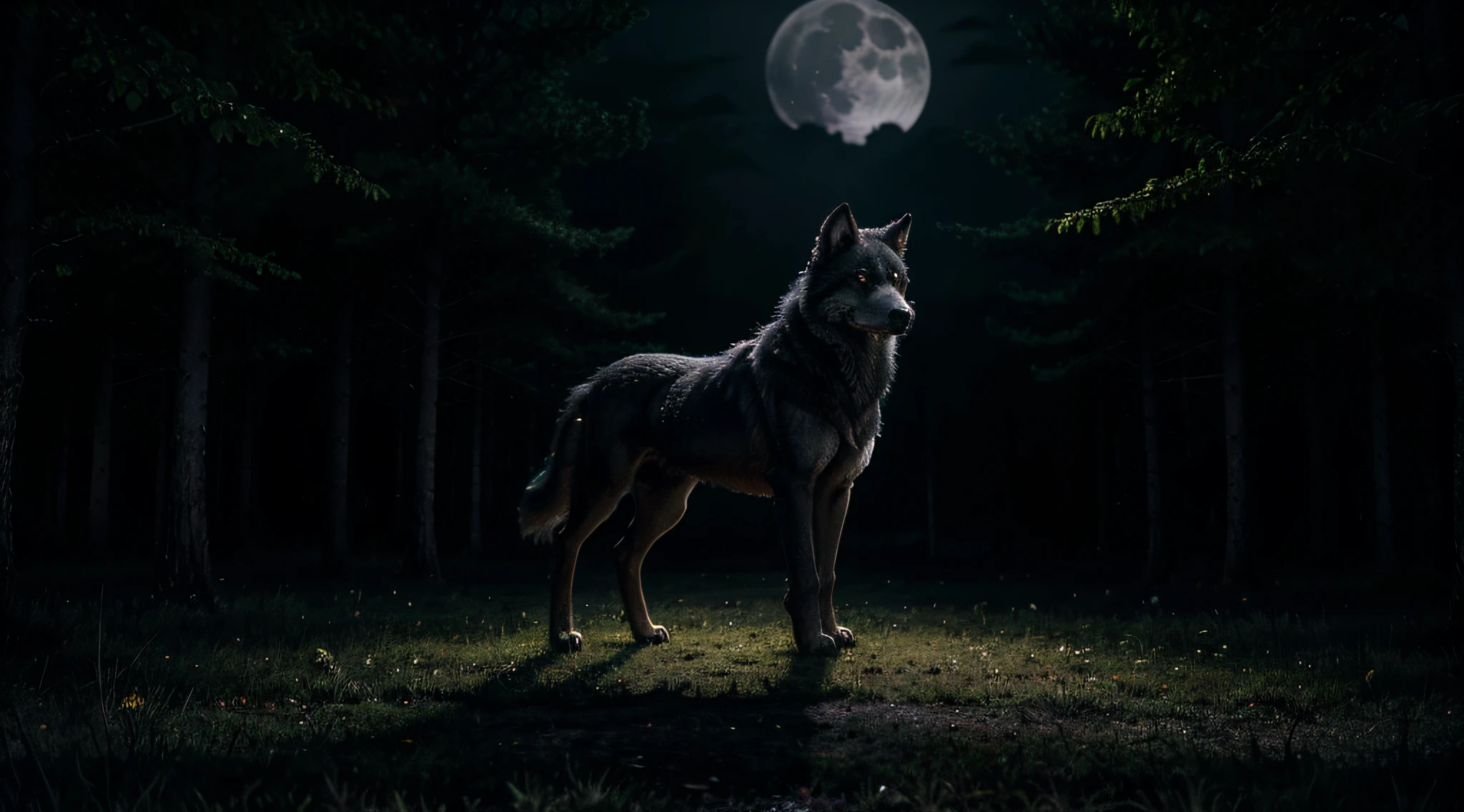 a lone wolf standing in a moonlit forest, realistic fur texture, piercing yellow eyes, strong and powerful physique, howling at the full moon, mysterious atmosphere, dark and shadowy trees, haunting beauty, best quality, ultra-detailed, HDR lighting, vivid colors, a mesmerizing artwork