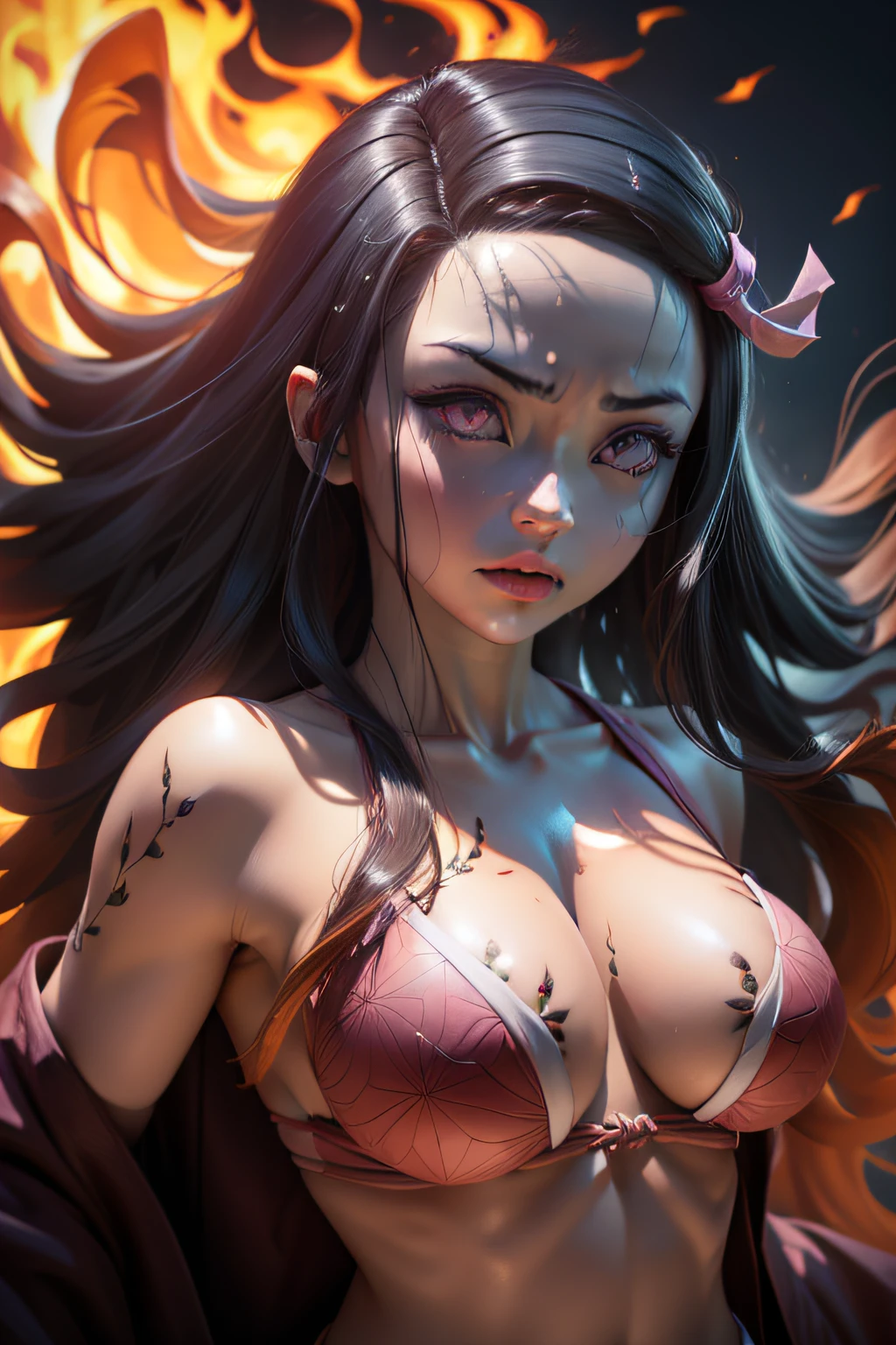 Ultra Real), (Illustration), (High Resolution), (8K), (Very Detailed), (Best Illustration), (Beautiful Detailed Eyes), (Best Quality), (Ultra Detailed), (Masterpiece), (Wallpaper), (Detailed Face), Night Up Upper Body, ,Long Hair,Solo,Simple Kimono Top Girl, Sweaty, Japan Person, Big Tits, (fire) Nezuko Kamado, Red Eyes, (Nezuko, Nezuko-chan, Demon Slayer art style, kimetsu no yaiba), Anime character female hentai, (Nezuko, in her demon form, Medium breasts, Medium breasts sticking out of her clothes, her breasts sticking out of her kimono, showing beautiful pointy breasts), (the length of her Medium breasts goes up to her toned belly, she has leaf tattoos running down her erotic sexy body), Demon Slayer rui fanart, wielding kunai, Marin Kitagawa Fanart, clean and detailed anime art, a very beautiful berserker woman, by Kamagurka, professional art, perfect detail, (Nezuko kamado na her demonic form showing her giant, hairy , based on the Demon Slayer kimetsu no yaiba),