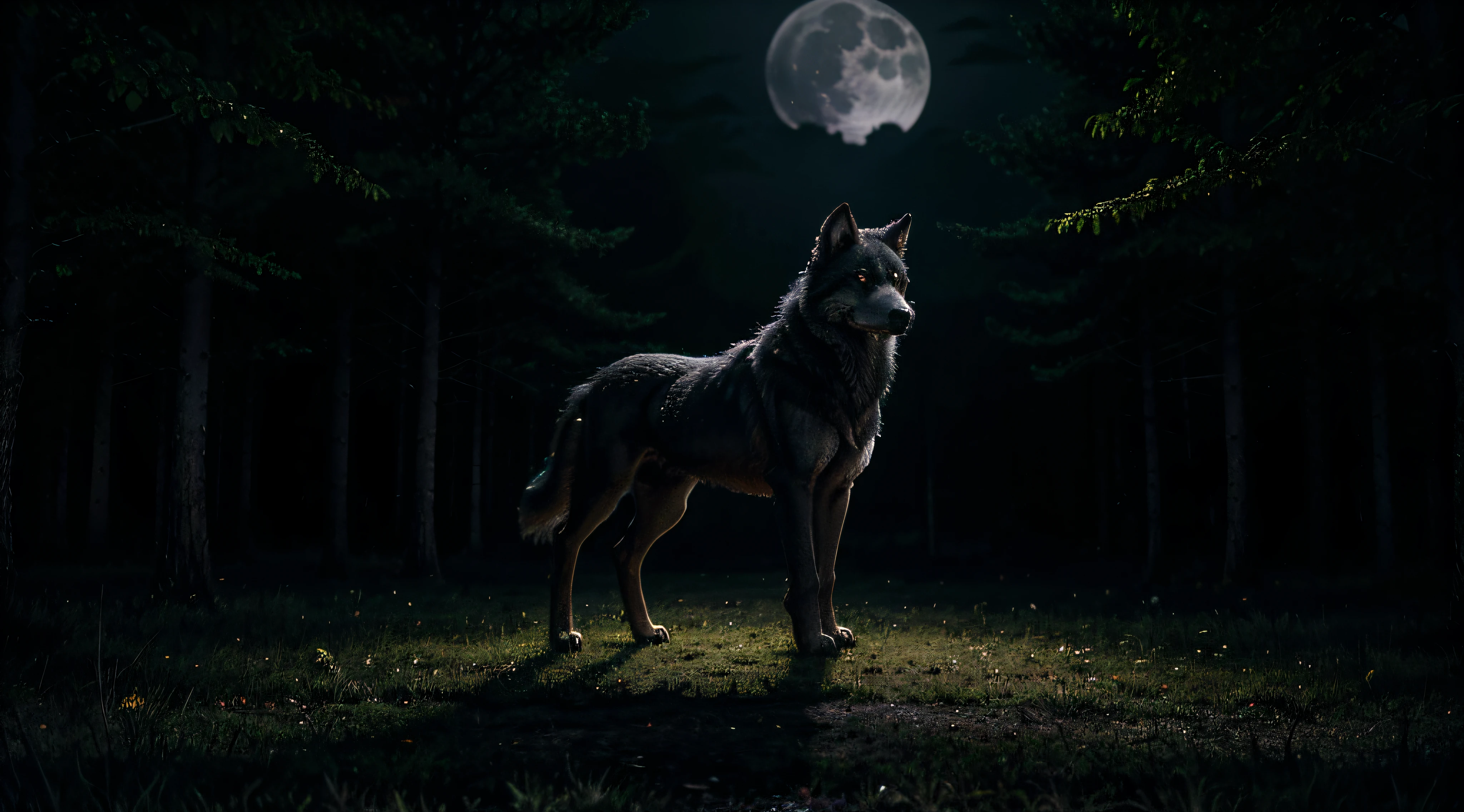 a lone wolf standing in a moonlit forest, realistic fur texture, piercing yellow eyes, strong and powerful physique, howling at the full moon, mysterious atmosphere, dark and shadowy trees, haunting beauty, best quality, ultra-detailed, HDR lighting, vivid colors, a mesmerizing artwork