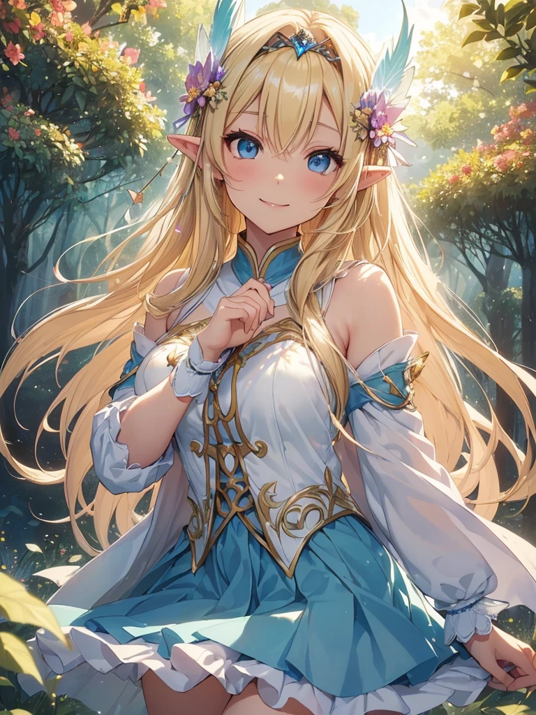 top-quality、Top image quality、​masterpiece、twogirls((20yr old、Best Bust、big bast、Bust 90,Beautiful blue eyes、,Blonde long hair、A slender、Fairy feathers、flying though the air、a closeup、Esbian、Floating in the light、beautiful tiara、hiquality、Beautiful Art、Background with((starrysky)))masutepiece、visualart、depth of fields、sky at night、autumn forest、low angles、、Elven ears、Feathers glow in iridescent colors、light magic、kosmos、mid night、harp melody🎵、Fun Concerts、Happy smile、Gentle light、Emitting a magical light、Beautiful skins、beutiful breast、beautiful skirt、accurate fingers、Exact finger count、Beautiful flower garden.nffsw
