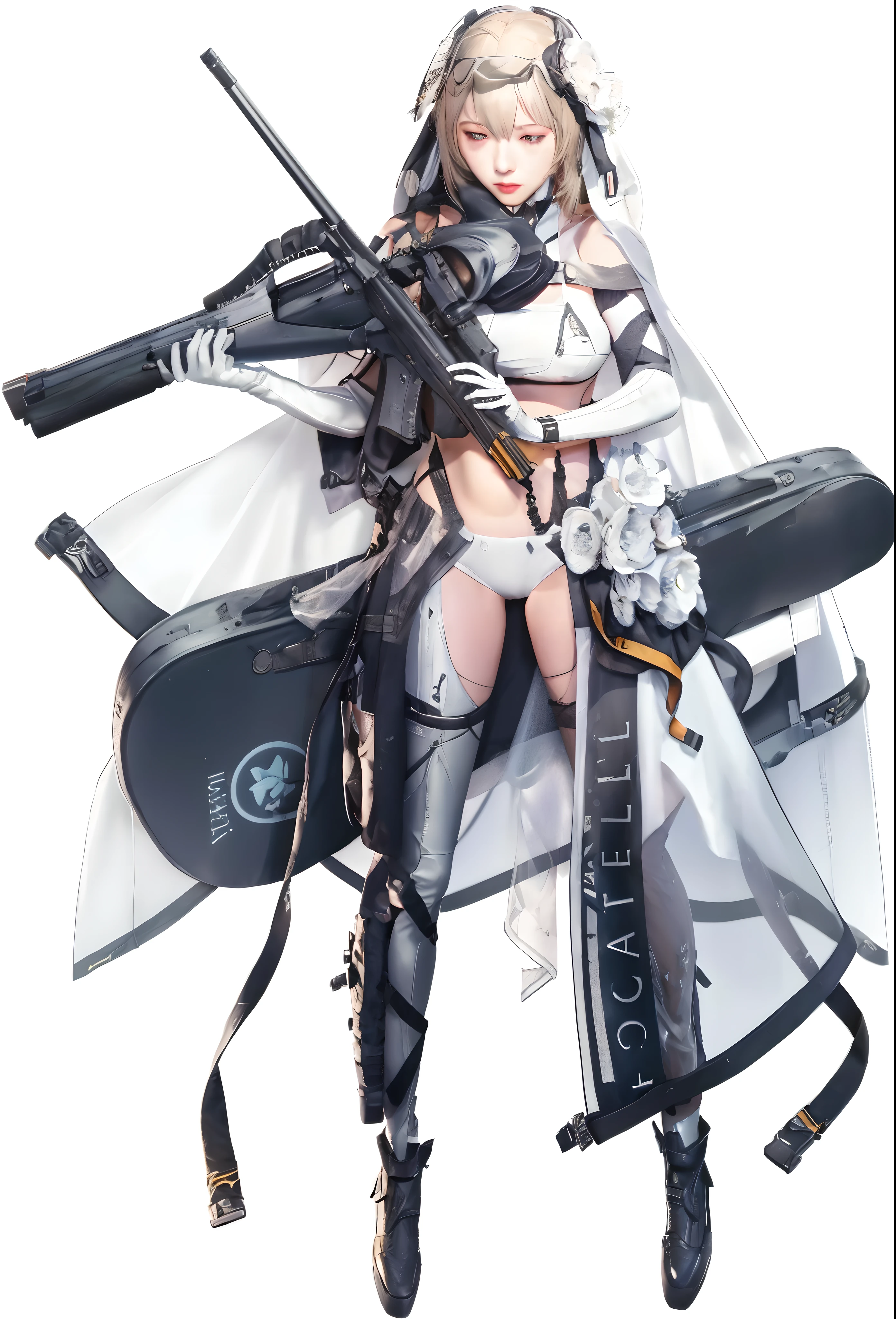 A fine illustration of a mecha girl, 1girl, solo, smile, mechanical arms, bare shoulders, mechanical collar, mechanical parts, mechanical legs, thigh boots, halo, mecha musume, white hair, very long hair, bodysuit, breasts, medium_breasts, armpits, thighs, mechanical parts, wings, mechanical wings, hair ornament, weapon, holding weapon, holding rifle, beam rifle, star, moon, space, stars + post processing prompts.