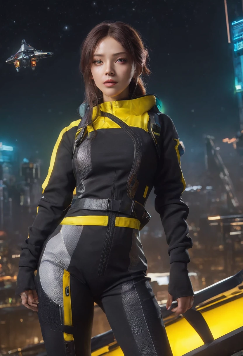 RAW, Masterpiece, Super Fine Photo, Ultra High Resolution, Photorealistic, Sunlight, Full Body Portrait, Stunningly Beautiful, Dynamic Poses, Delicate Face, Vibrant Eyes, solo, deep ebony 1girl, black girl, beautiful face, curly afro hair, black lips, a female character is wearing a yellow and black colored top outfit with a backpack and a yellow hoodie jacket, black, yellow and white sports leisure, yellow futuristic smart goggles, clear lens, green eyes, leggings pants, long hair, diamond earrings, cybernetically enhanced, she is standing in front of spaceships and satellites, starry night sky, pigeoncore, neo-dadaist, Asuka Langley, neon genesis EVA suit, mechanized precision, space crew member, she holds an important position, in crowd spectator at a tech conference in the style of mecha sci-fi anime, 8k, best quality, highres, Unreal Engine:1.4,Ultra-realistic 64K CG, Photorealista:1.4, Skin Texture:1.4, Volumetric fog, 8k uhd, dslr, high quality, film grain, fair skin, photorealism, lomography, sprawling metropolis in a futuristic dystopia, translucent, safe for work