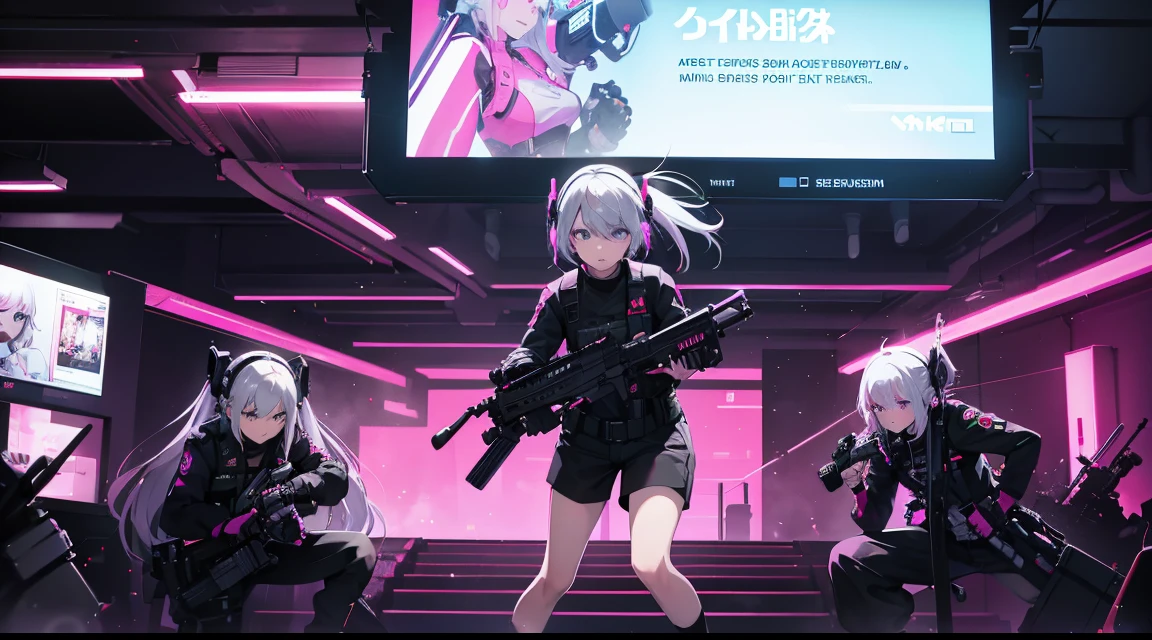 at the battlefield，Carry a firearm，Three white-haired girls performing tactical moves，Put on headphones with pink neon lights，at the battlefield，Carry a firearm