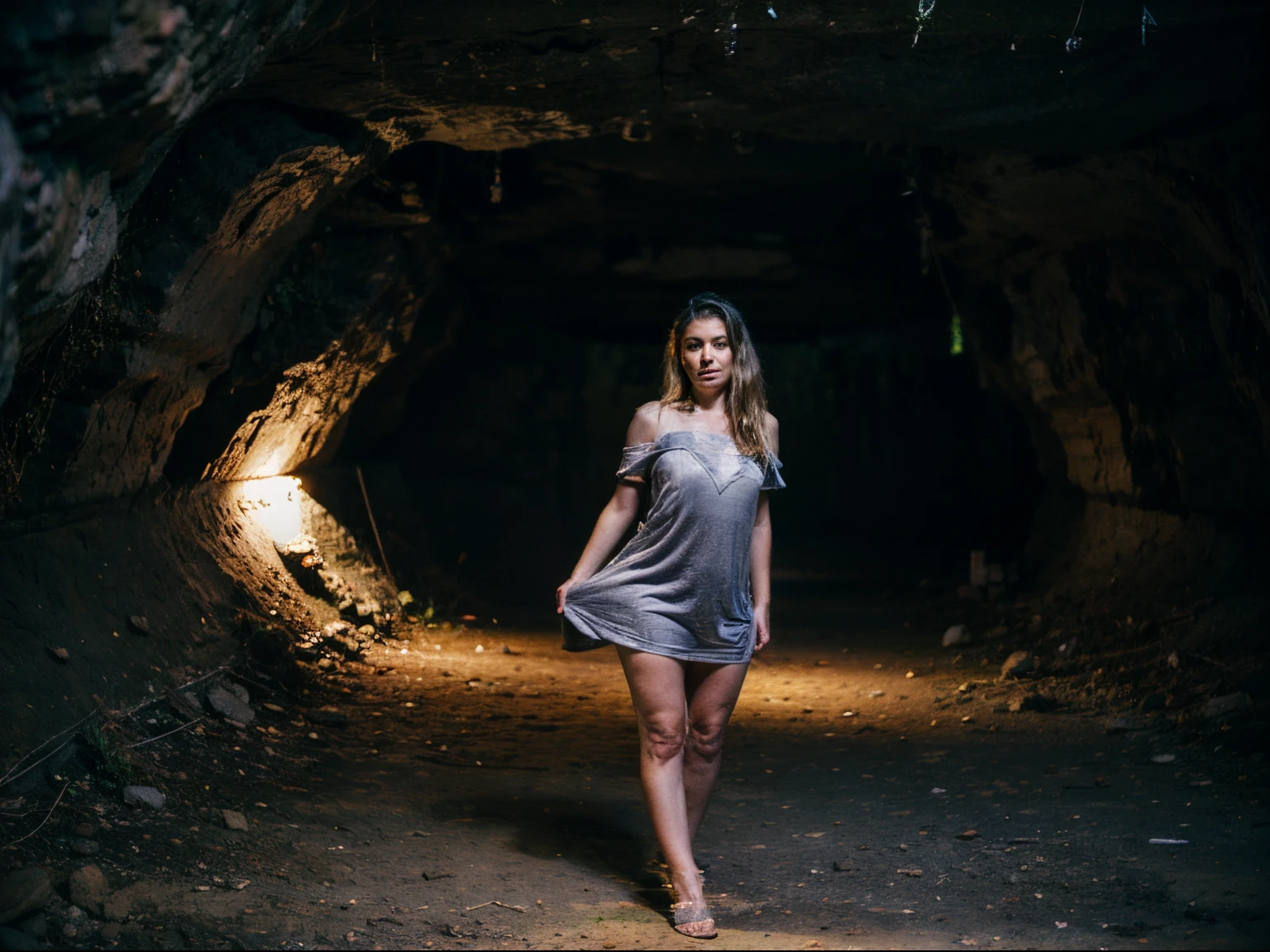as we enter the most beautiful cavern cave, all lit up inside for tours, I take my spelunking friends inside, and we see a jaw-dropping gorgeous siren woman, luring us inside the cave, she luring us deeper into the shadows, she is looking at us, gesturing, dressed in lovely flowing dress, she has no shoes on, perfect feet, on tip-toes, the focus is on this lovely black woman and the sky behind her, I take a photo of her in the sky using my highest-quality Leica camera to capture every detail of her, I set the shutter speed: 1/500 to freeze her body in perfect detail, it's a dramatic and artful shot that is inspiring for me