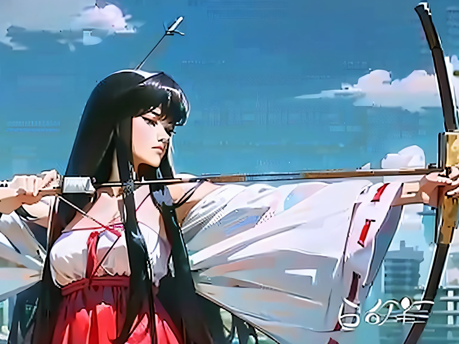 Long brunette woman holding bow and arrow,Clear facial features,mid closeup,a true,真实感,photography of