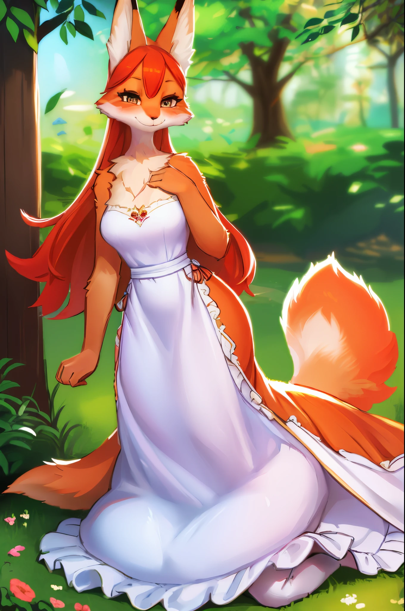 best quality, realistic:1.37), furry fox in a beautiful garden, cute white dress, vibrant colors, detailed fur, playful eyes, adorable nose, elegant posture, soft lighting, nature background, whimsical atmosphere