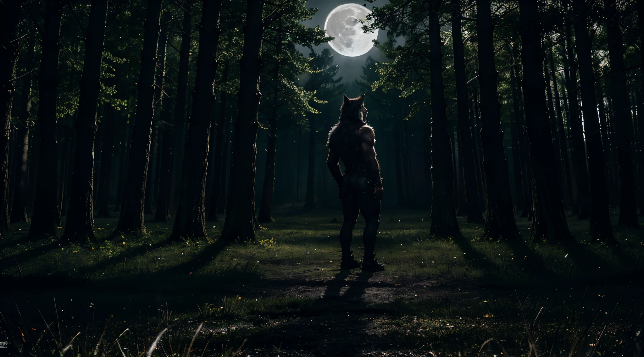 a lone wolf standing in a moonlit forest, realistic fur texture, piercing yellow eyes, strong and powerful physique, howling at the full moon, mysterious atmosphere, dark and shadowy trees, haunting beauty, best quality, ultra-detailed, HDR lighting, vivid colors, a mesmerizing artwork