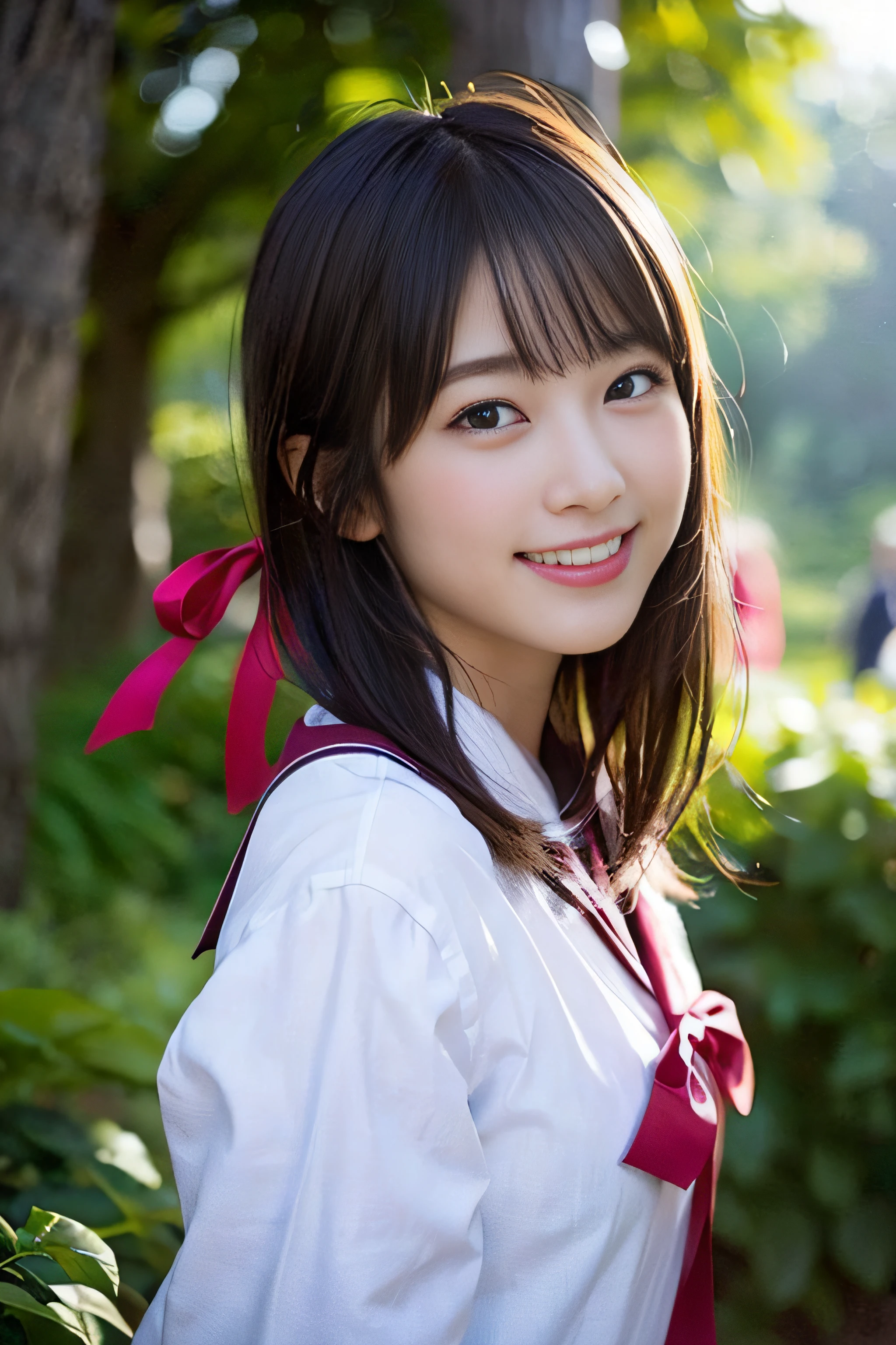 (8K、Raw photography、top-quality、masterpiece:1.2)、(realisitic、Photorealsitic:1.37)、ultra-detailliert、超A high resolution、女の子1人、see the beholder、beautifull detailed face、A smile、Constriction、(Slim waist) :1.3)、Beautiful detailed skin、Skin Texture、Floating hair、Professional Lighting、Whole human body、Longhaire、japanese hight school uniform、a sailor suit、matriculation、Bob Hair、E-cup、Happy smile、、Red ribbons、a baby face、Childisuppin、Moisturizing lips、Thin pink lips、mont、the woods、campsite、camp